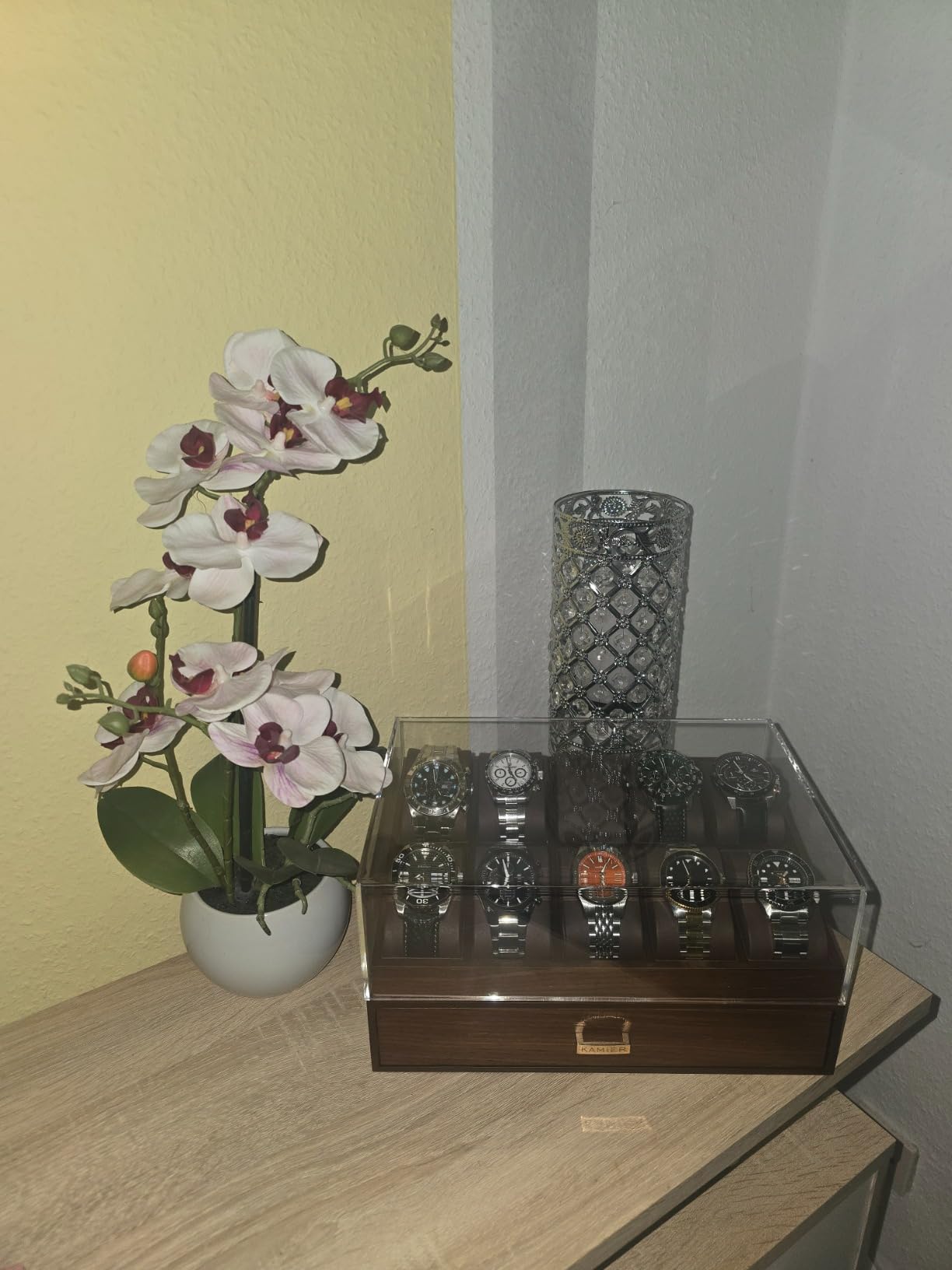 KAMIER Watch Boxes Uhrenbox Holz 6 Uhren mit Schublade Walnuss