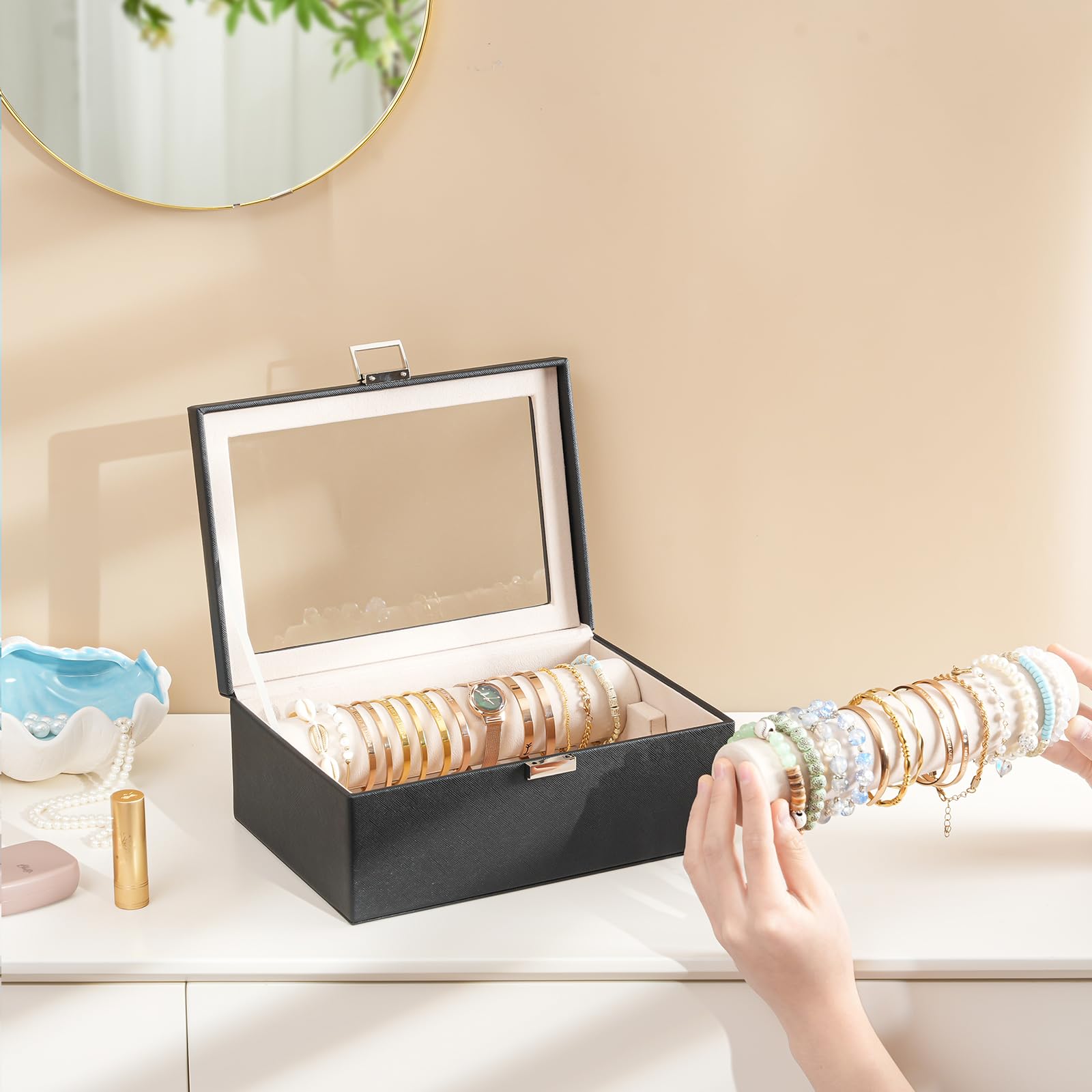 Lolalet Jewelry Box Armband Box Schwarz 2 Rollen mit Glasdeckel