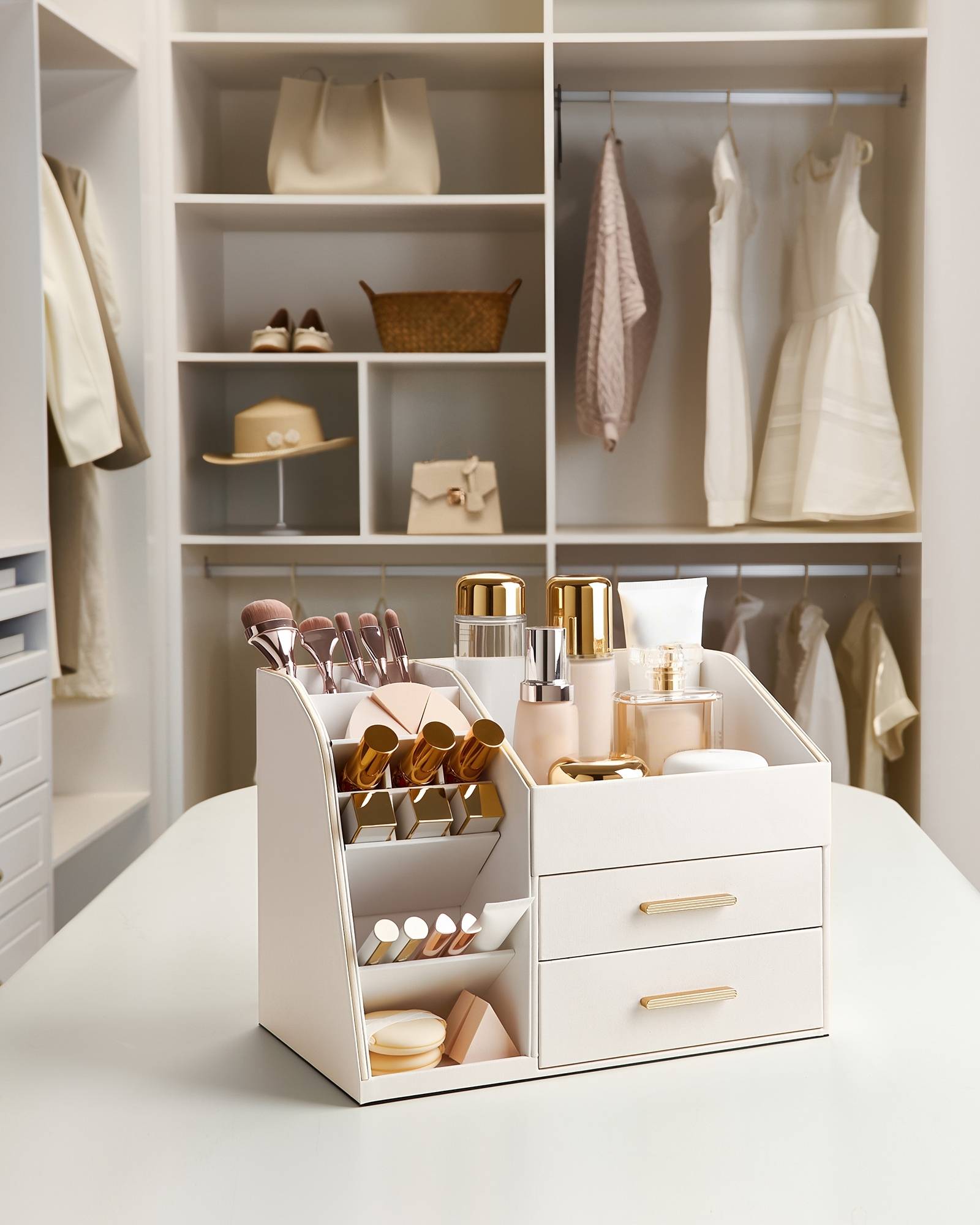Lolalet Makeup Organizer Schminktisch Weiß mit Schublade Leder
