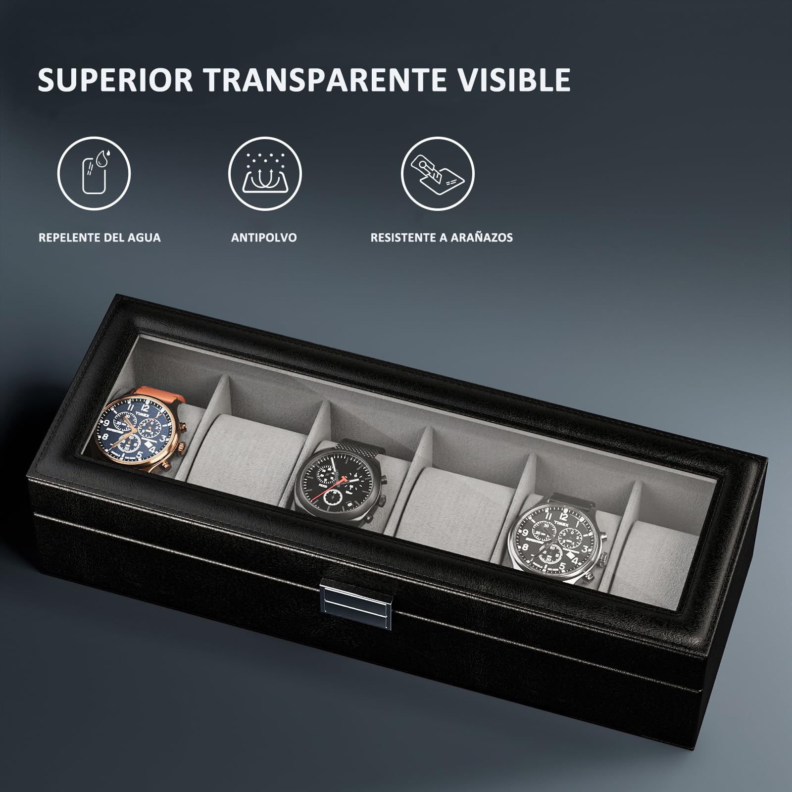 Lolalet Watch Box Uhrenbox 6 Fächer Schwarz Glasdeckel PU