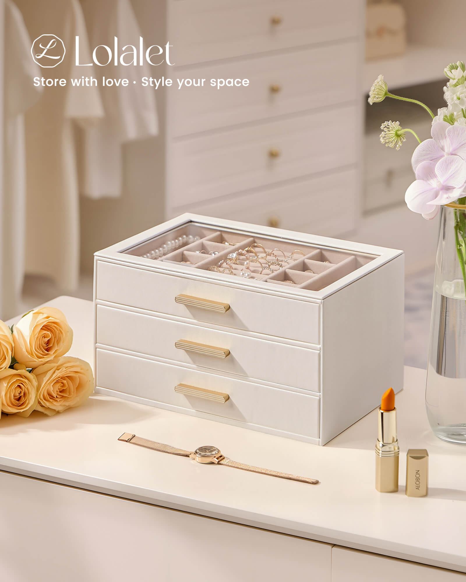 Lolalet Jewelry Box Schmuckkästchen Beige 5-lagig Glasdeckel