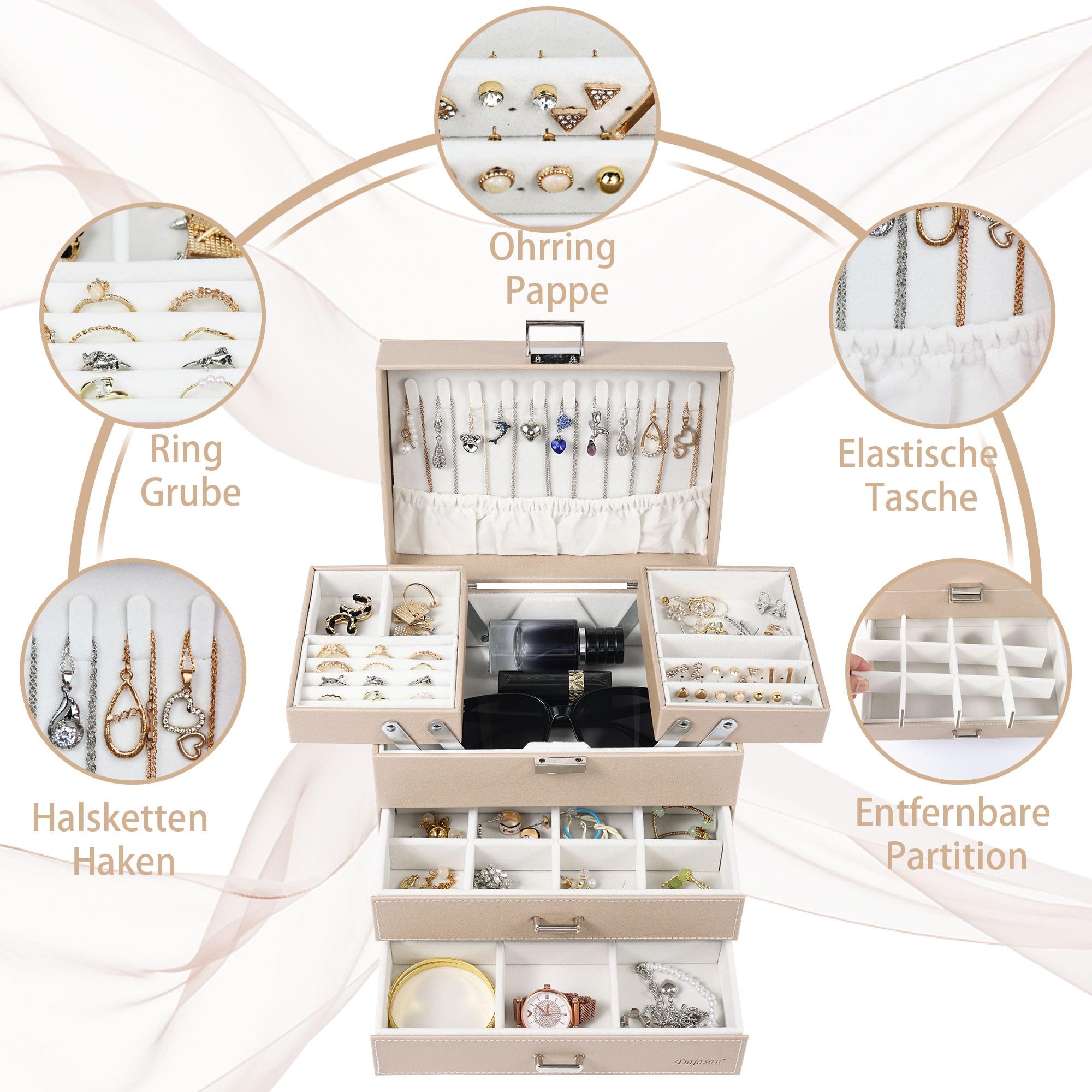 Dajasan Large Jewelry Box Schmuckkästchen Champagner 4 Ebenen