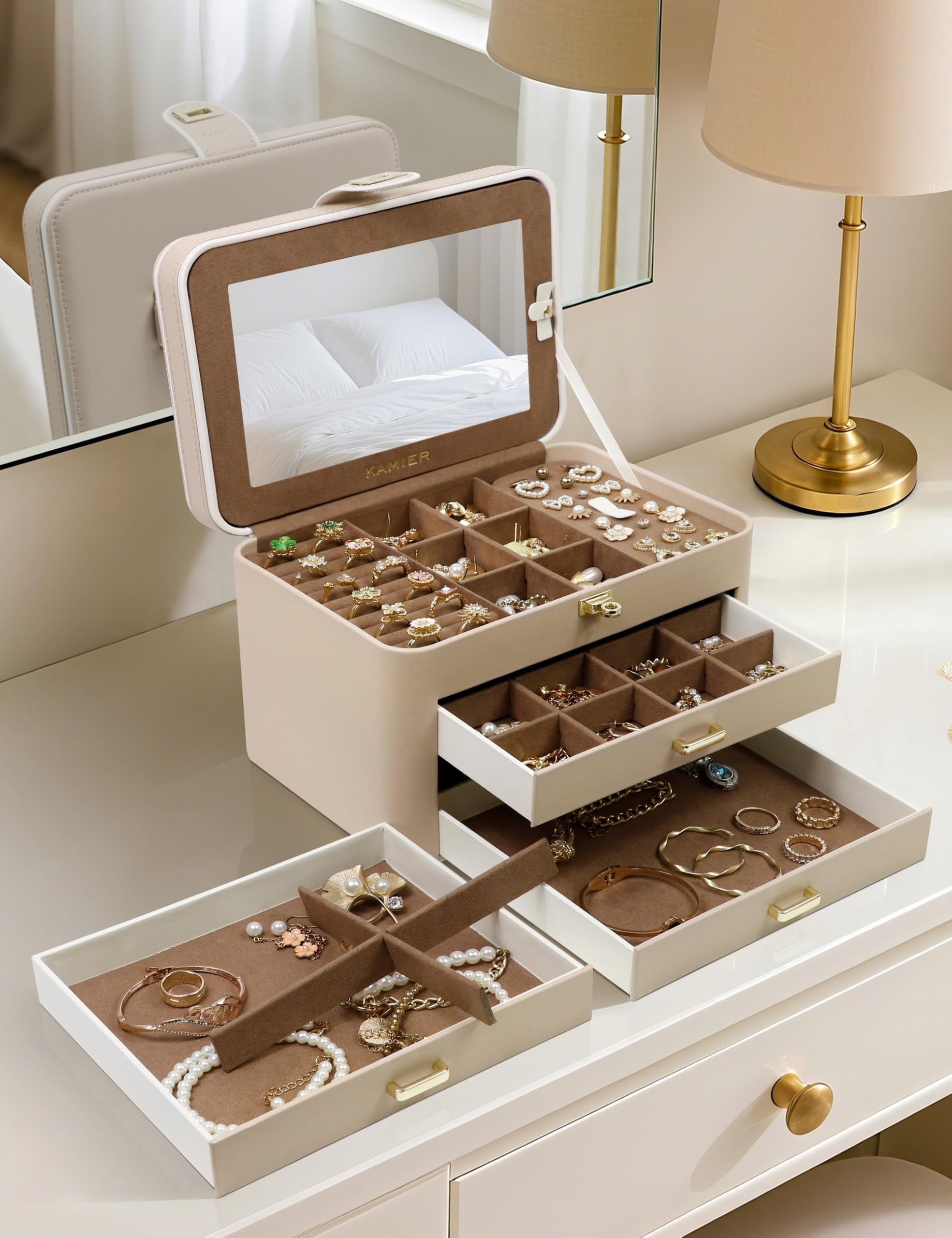 KAMIER Large Jewelry Boxes Schmuckkästchen Beige 4 Ebenen mit Spiegel