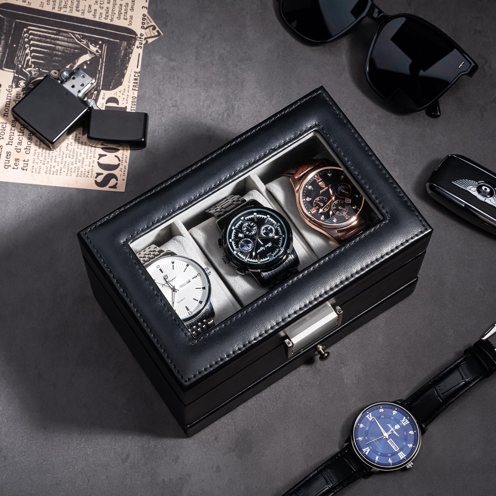 Lolalet Watch Box Uhrenbox Schwarz 3 Fächer mit Glasdeckel