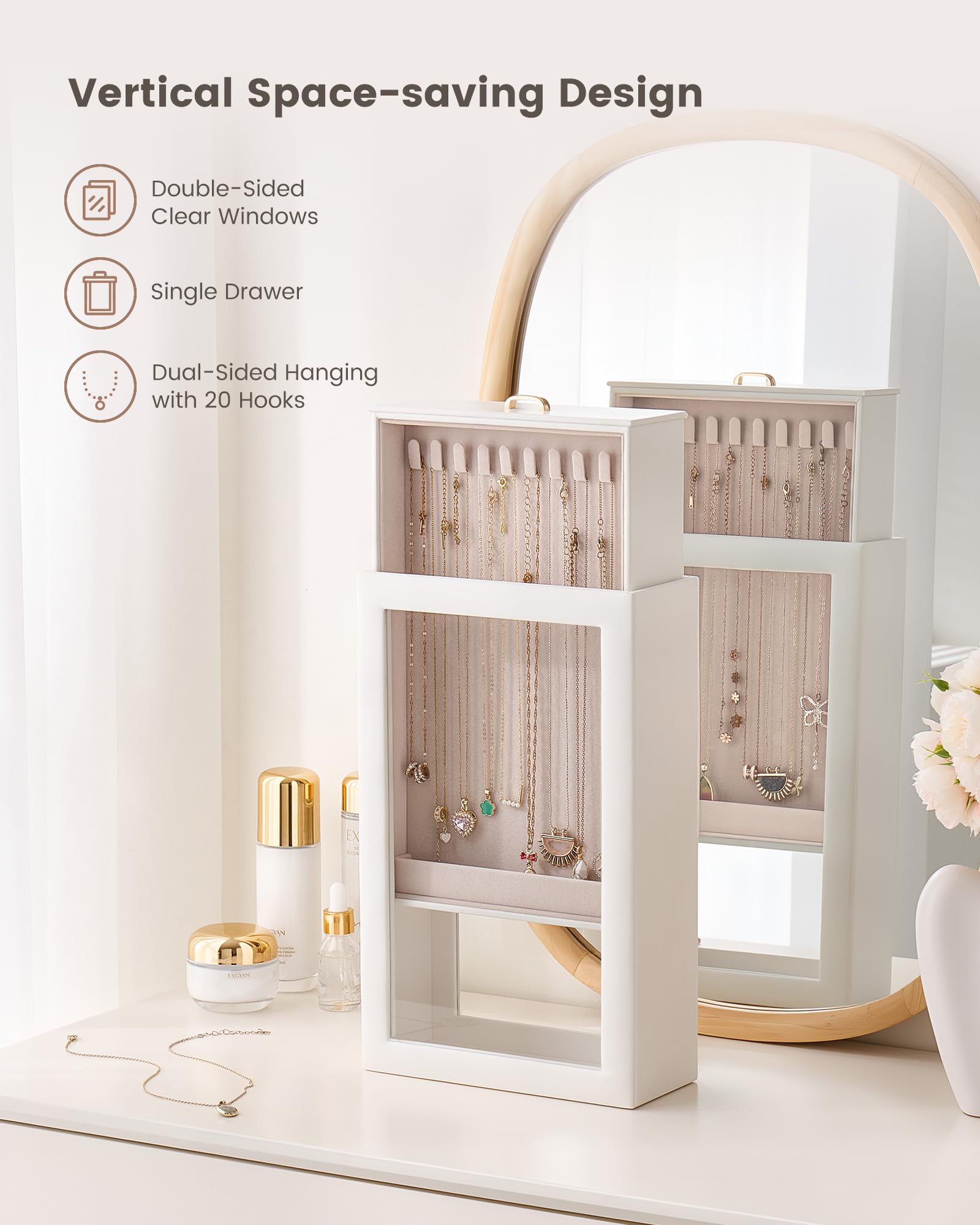 Lolalet Jewelry Box Kettenbox Weiß 40 Haken mit Fenster