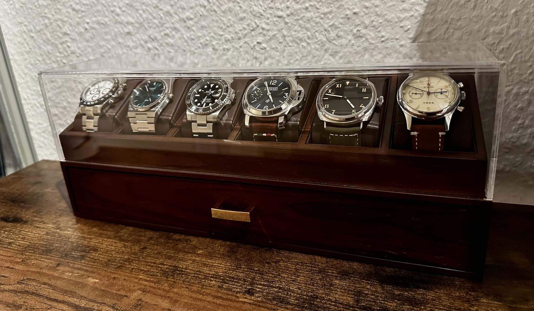 KAMIER Watch Boxes Uhrenbox Holz 6 Uhren mit Schublade Walnuss