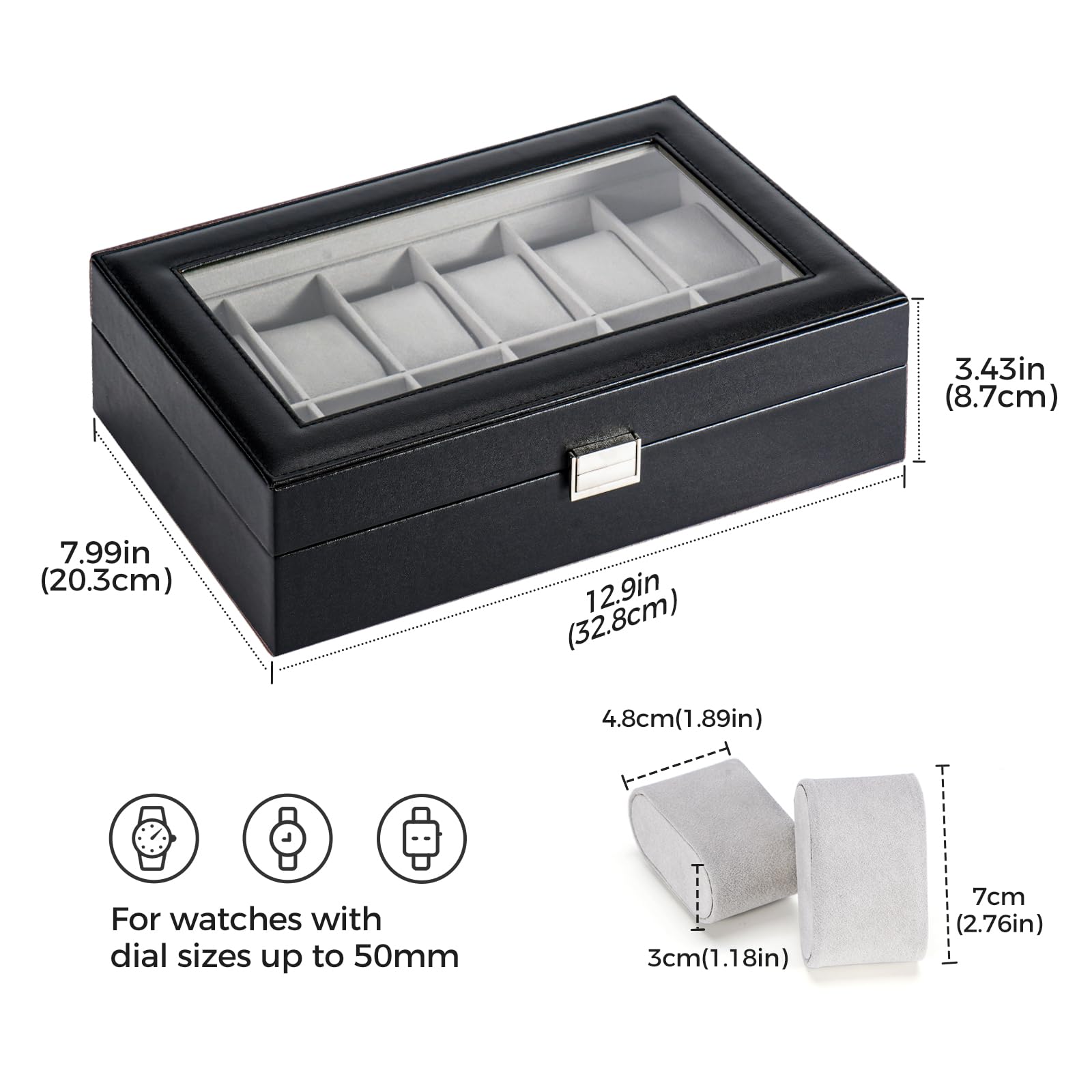 Lolalet Watch Box Uhrenbox Schwarz 12 Fächer Glasdeckel