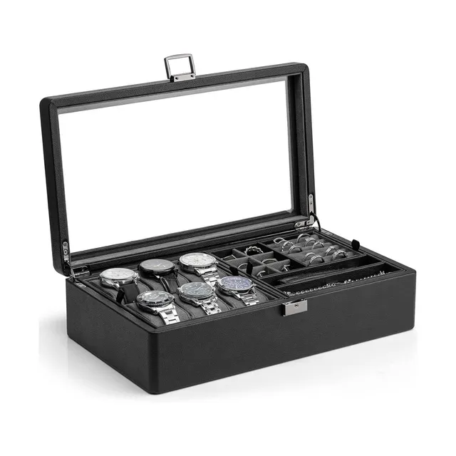 VLANDO Quiet Luxe Uhrenbox 6 Fächer Glasdeckel Leder