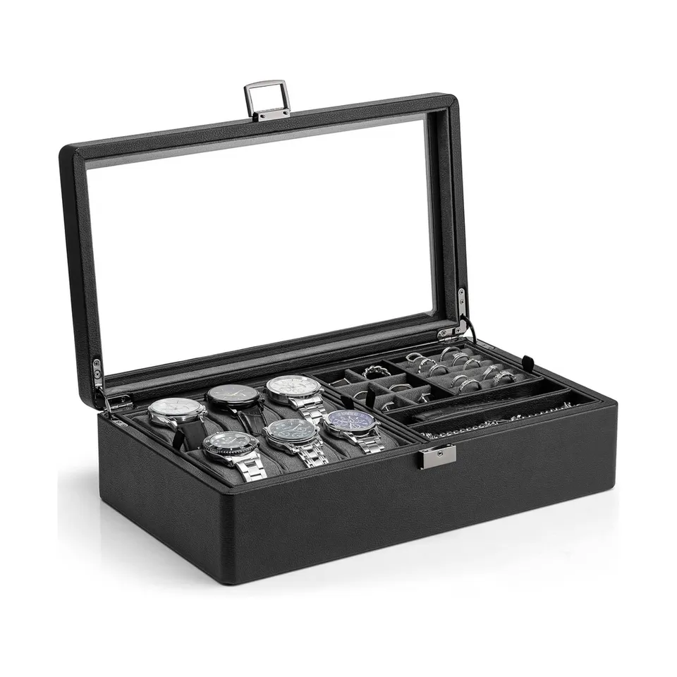 VLANDO Quiet Luxe Uhrenbox 6 Fächer Glasdeckel Leder