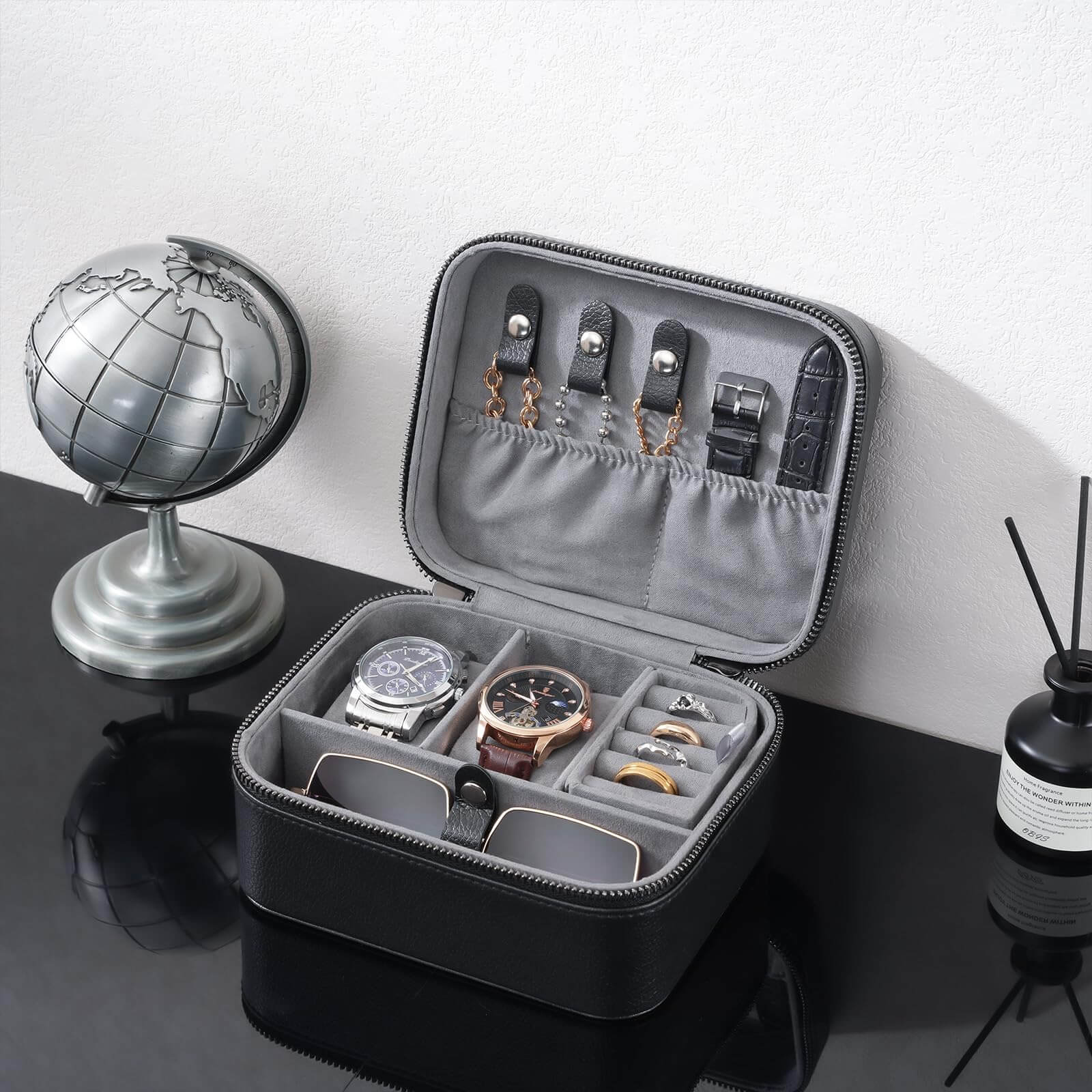 Lolalet Watch Box Reise Uhrenetui Schwarz 2 Fächer Leder