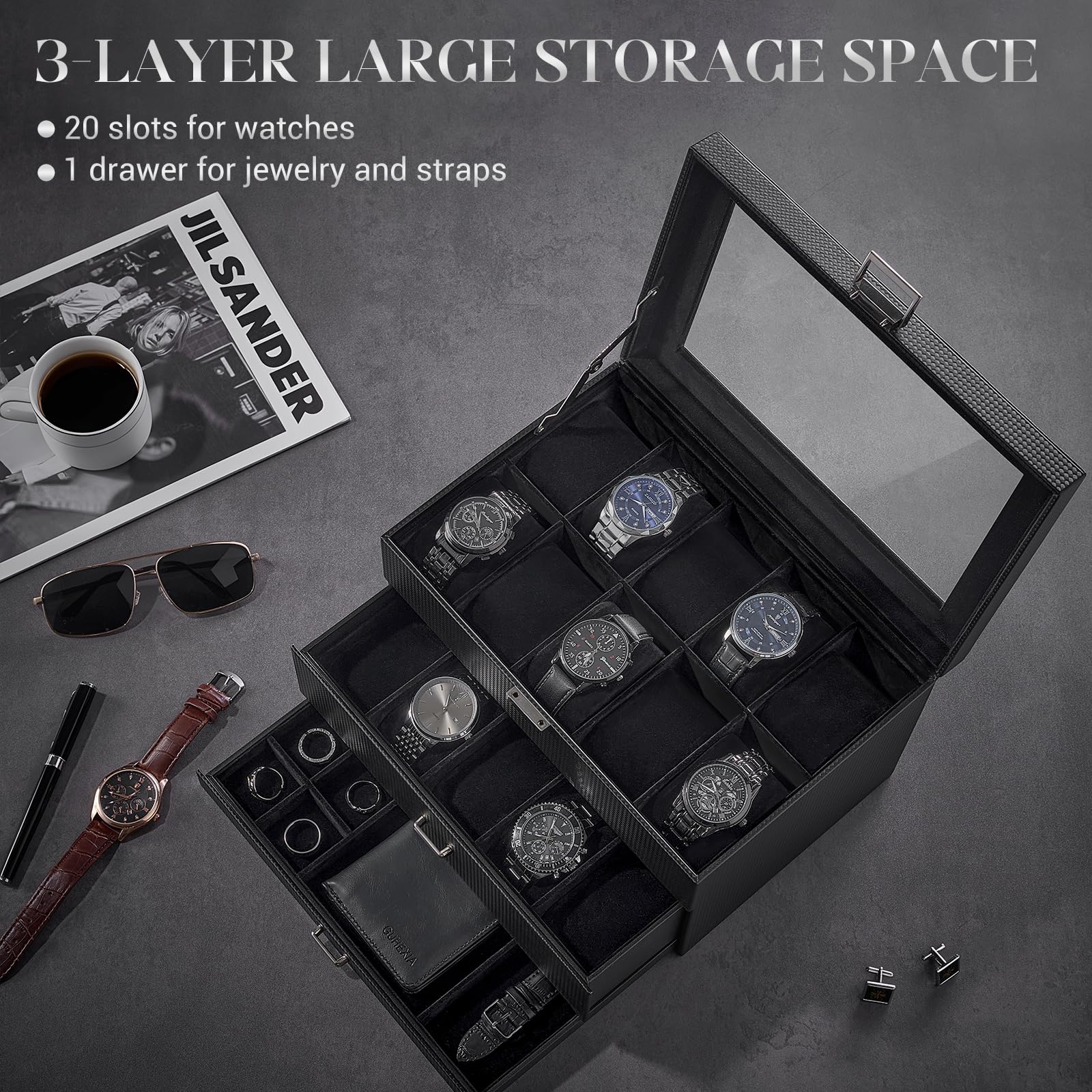Lolalet Watch Box 3-Layer 20 Slots Uhrenbox Schwarz Glasdeckel