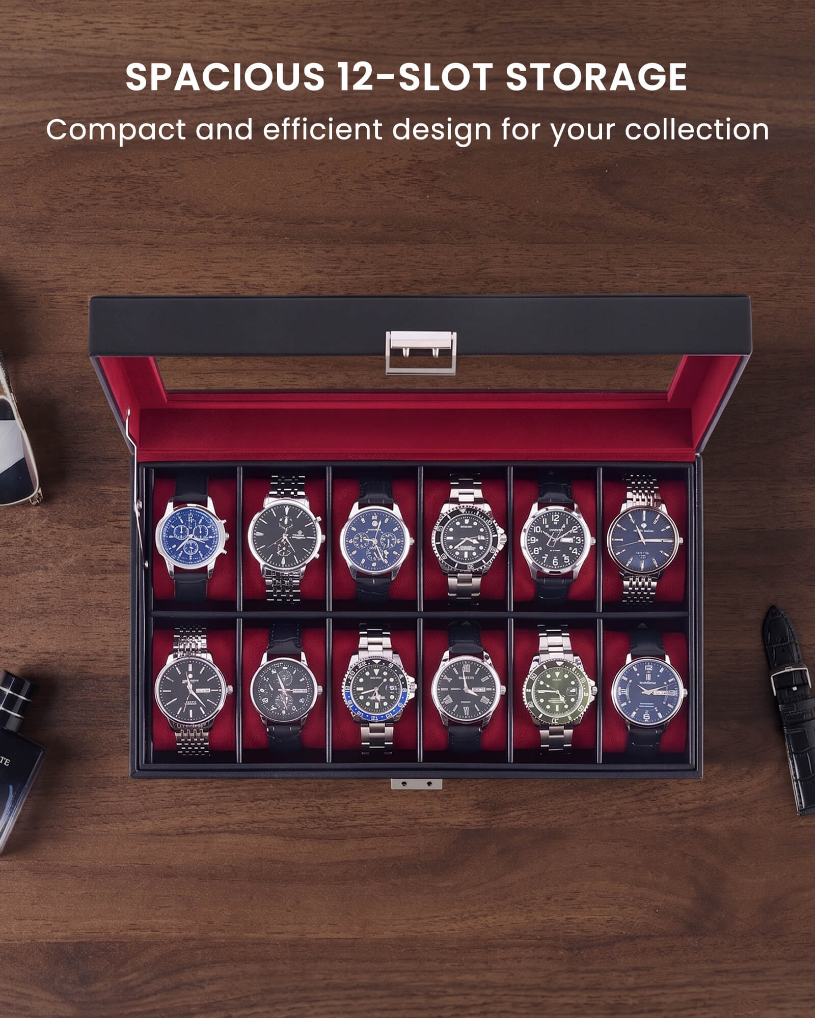 Lolalet Watch Box Uhrenbox 12 Fächer Schwarz 1-lagig Glas