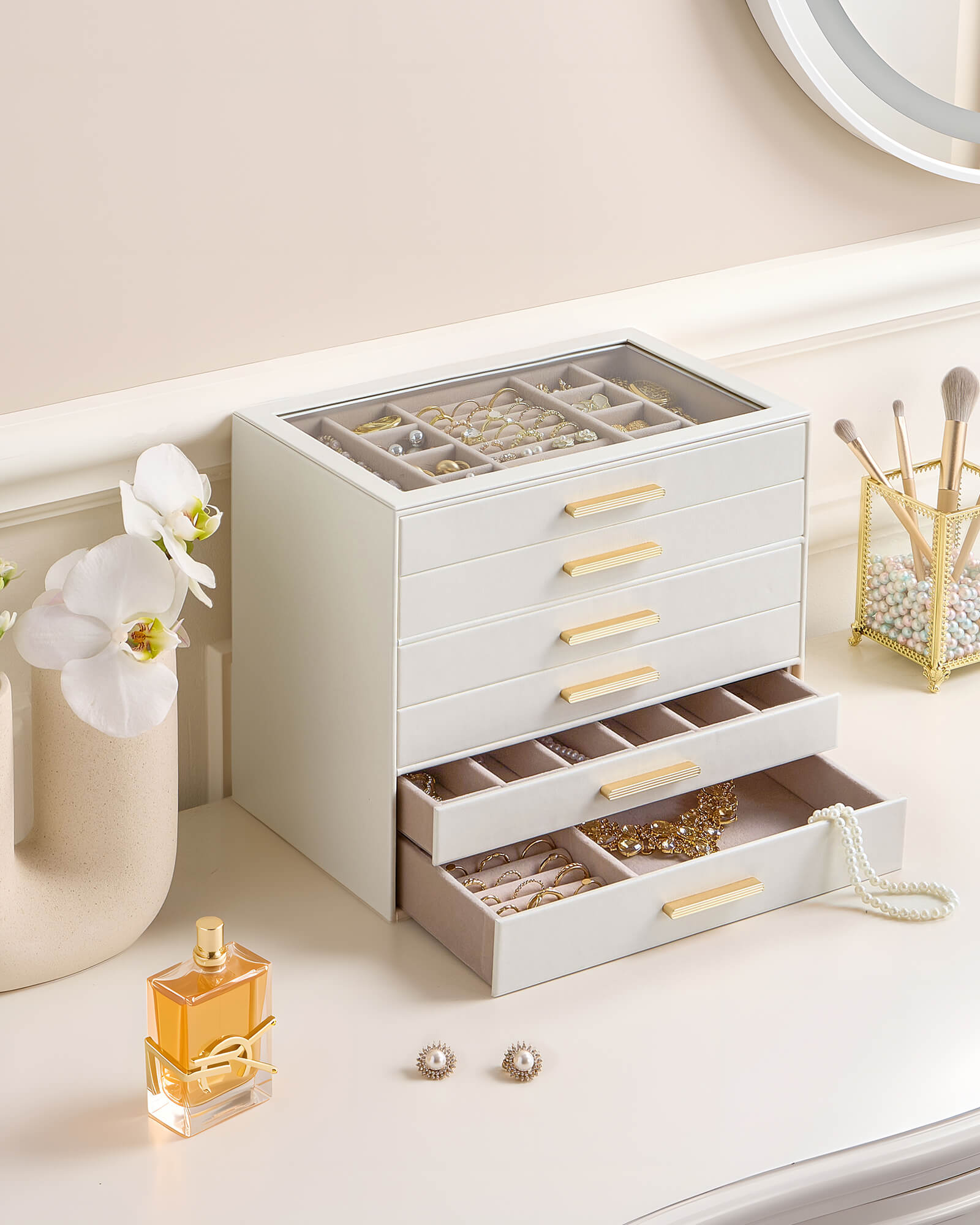 Lolalet Jewelry Box Schmuckkästchen Beige 6 Lagen Glasdeckel