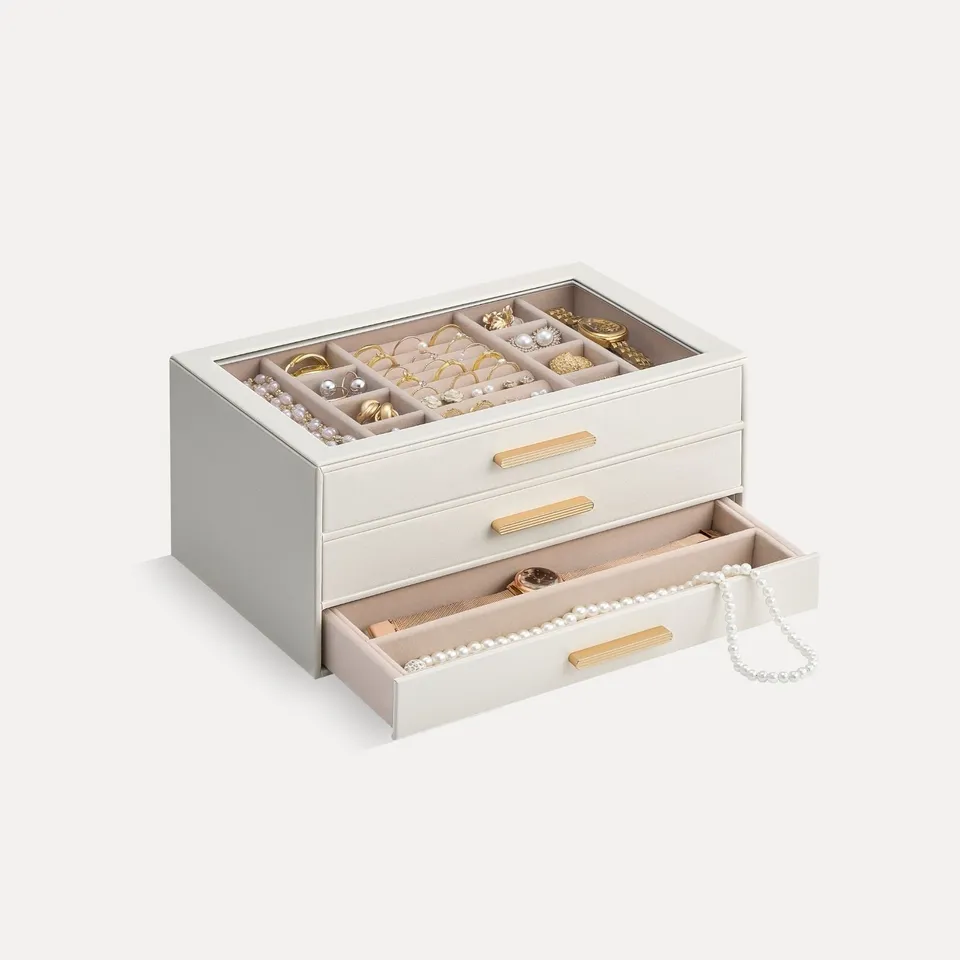 Lolalet Jewelry Box Schmuckkästchen Beige 5-lagig Glasdeckel