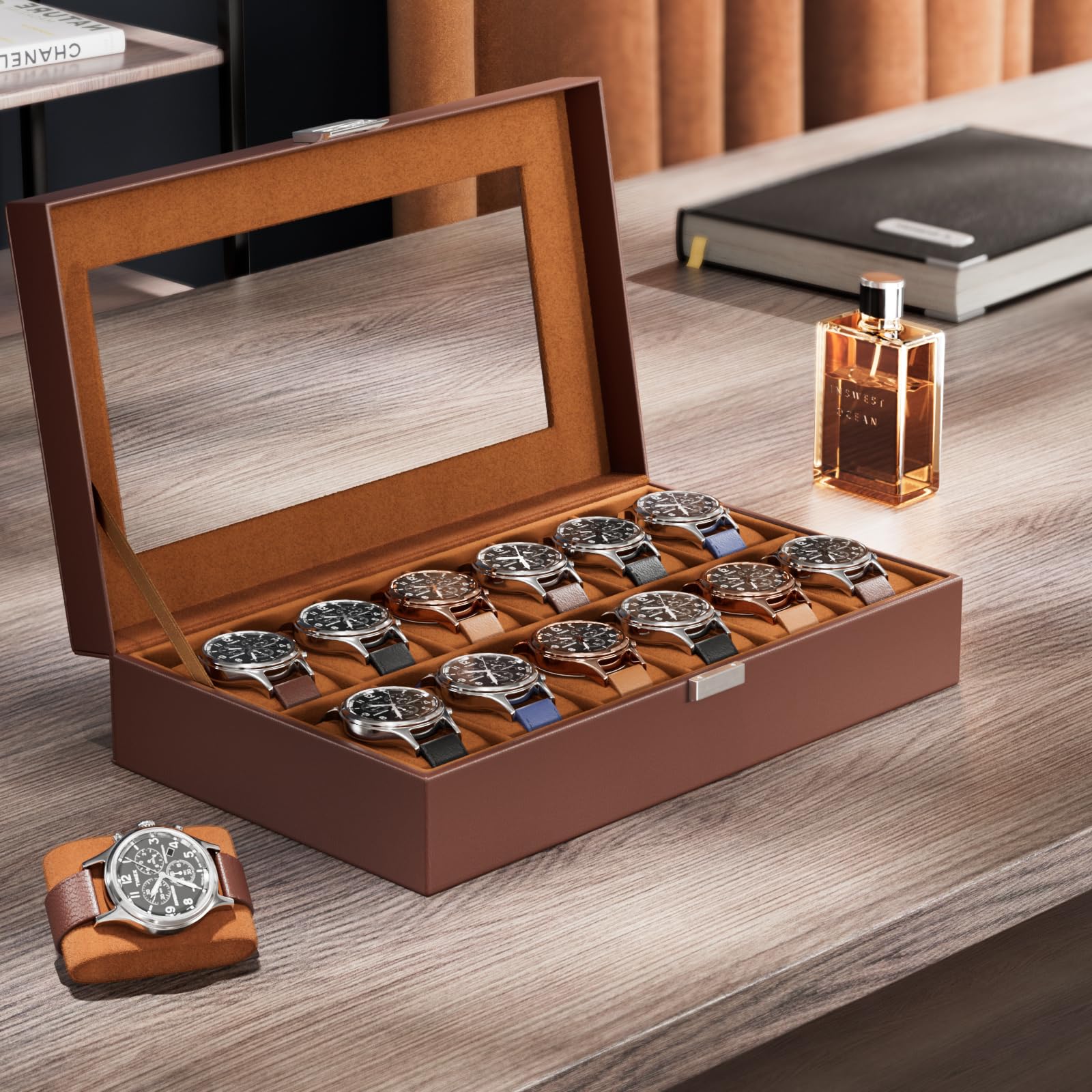 Lolalet Watch Box Uhrenbox Schwarz 12 Fächer Glasdeckel