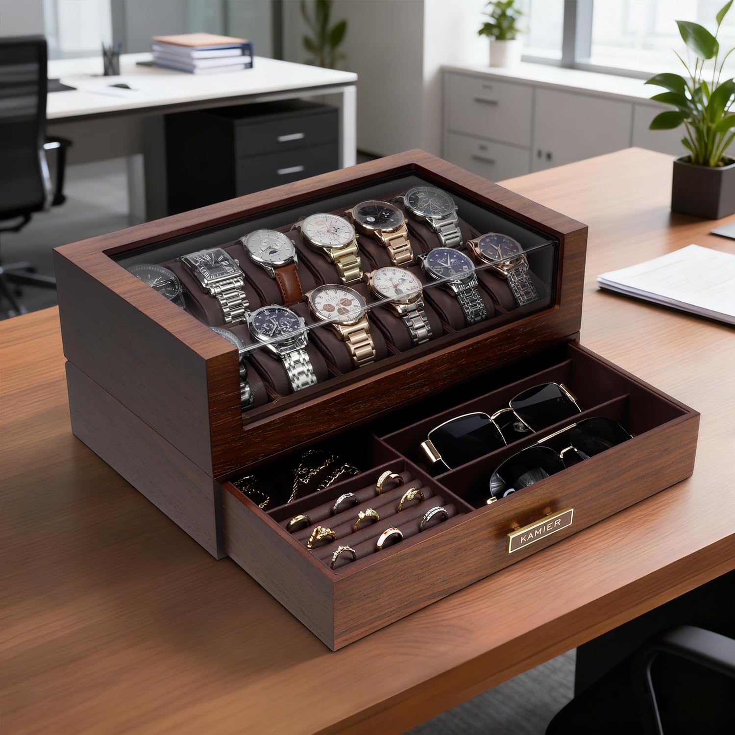 KAMIER Watch Boxes Uhrenbox 12 Fächer Walnuss Holz