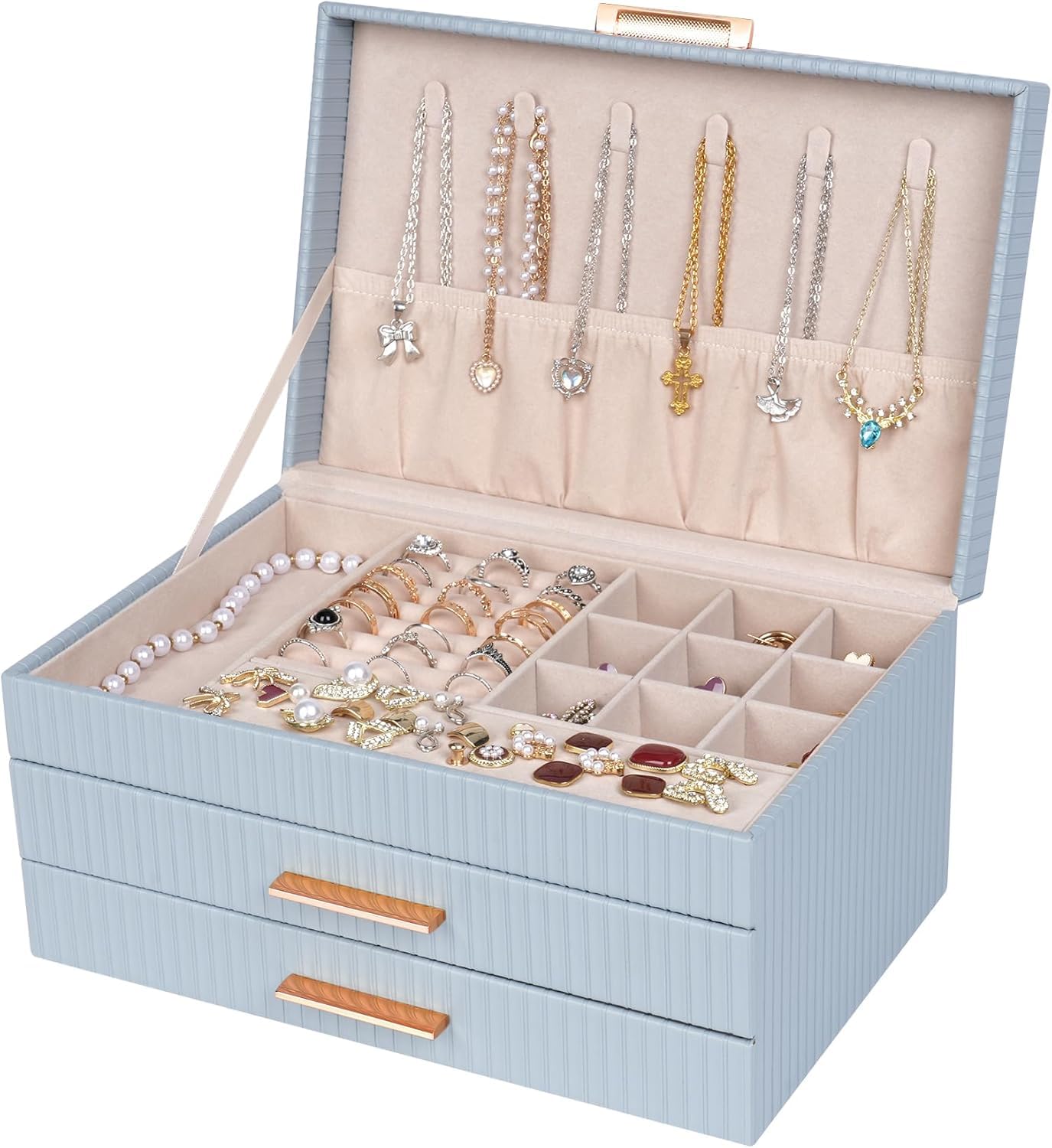 Dajasan Large Jewelry Box Schmuckkästchen Weiß 3 Ebenen Leder