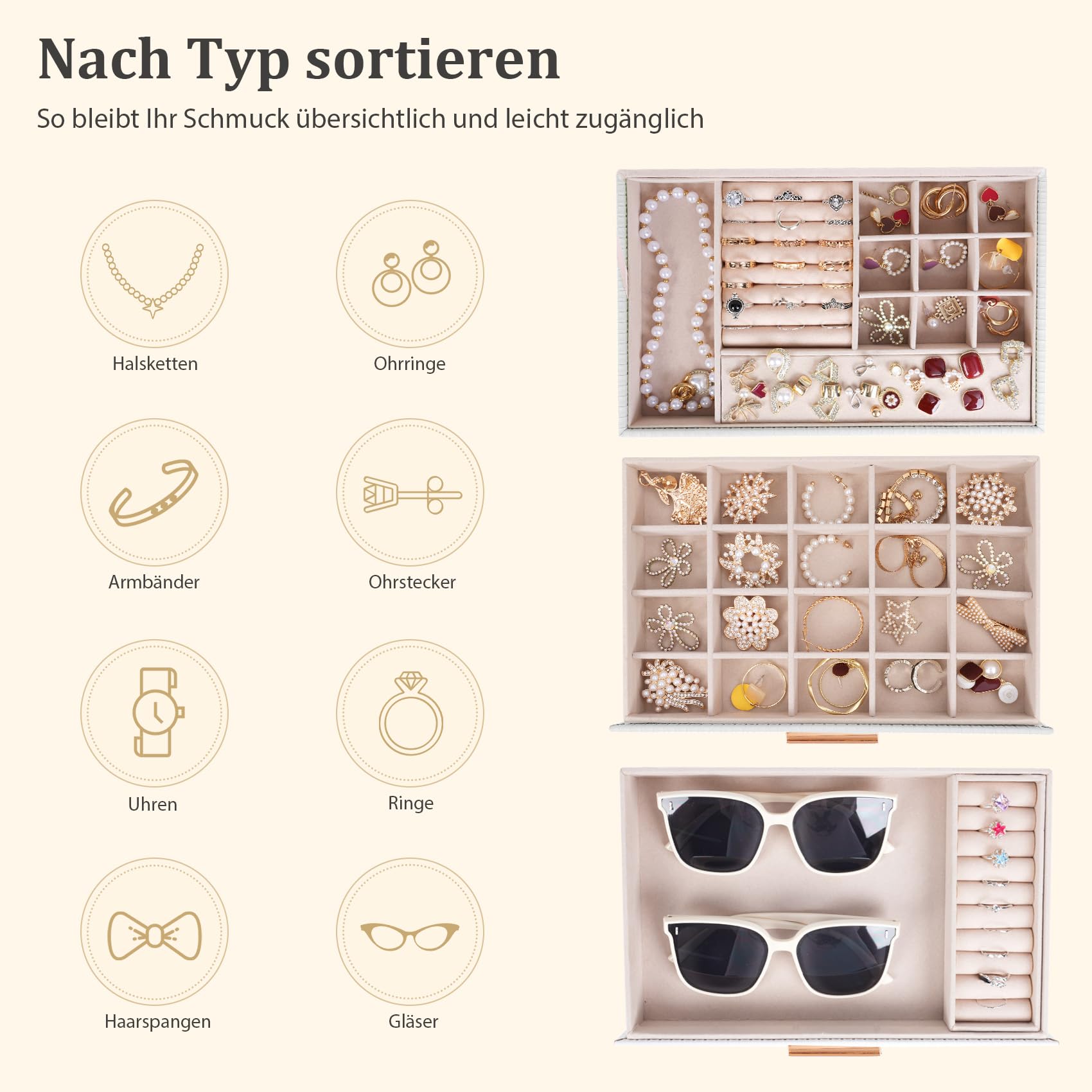 Dajasan Large Jewelry Box Schmuckkästchen Weiß 3 Ebenen Leder