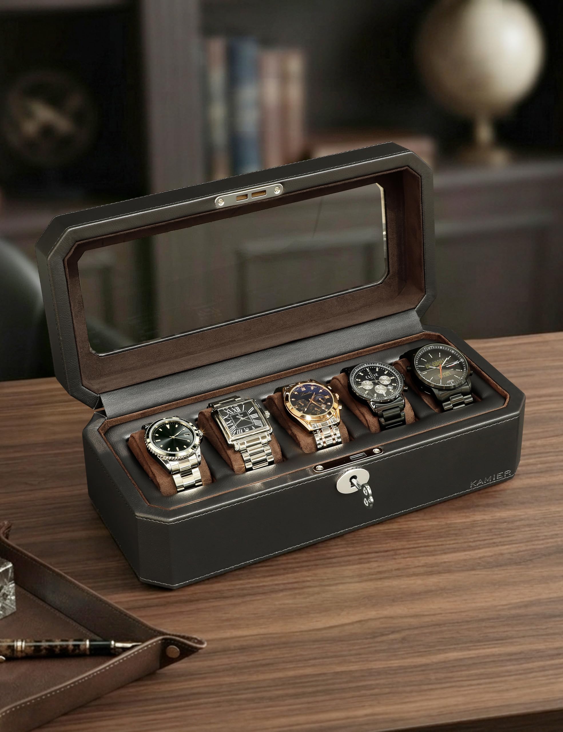 KAMIER Watch Boxes Uhrenbox 5 Fächer Schwarz PU-Leder Schloss