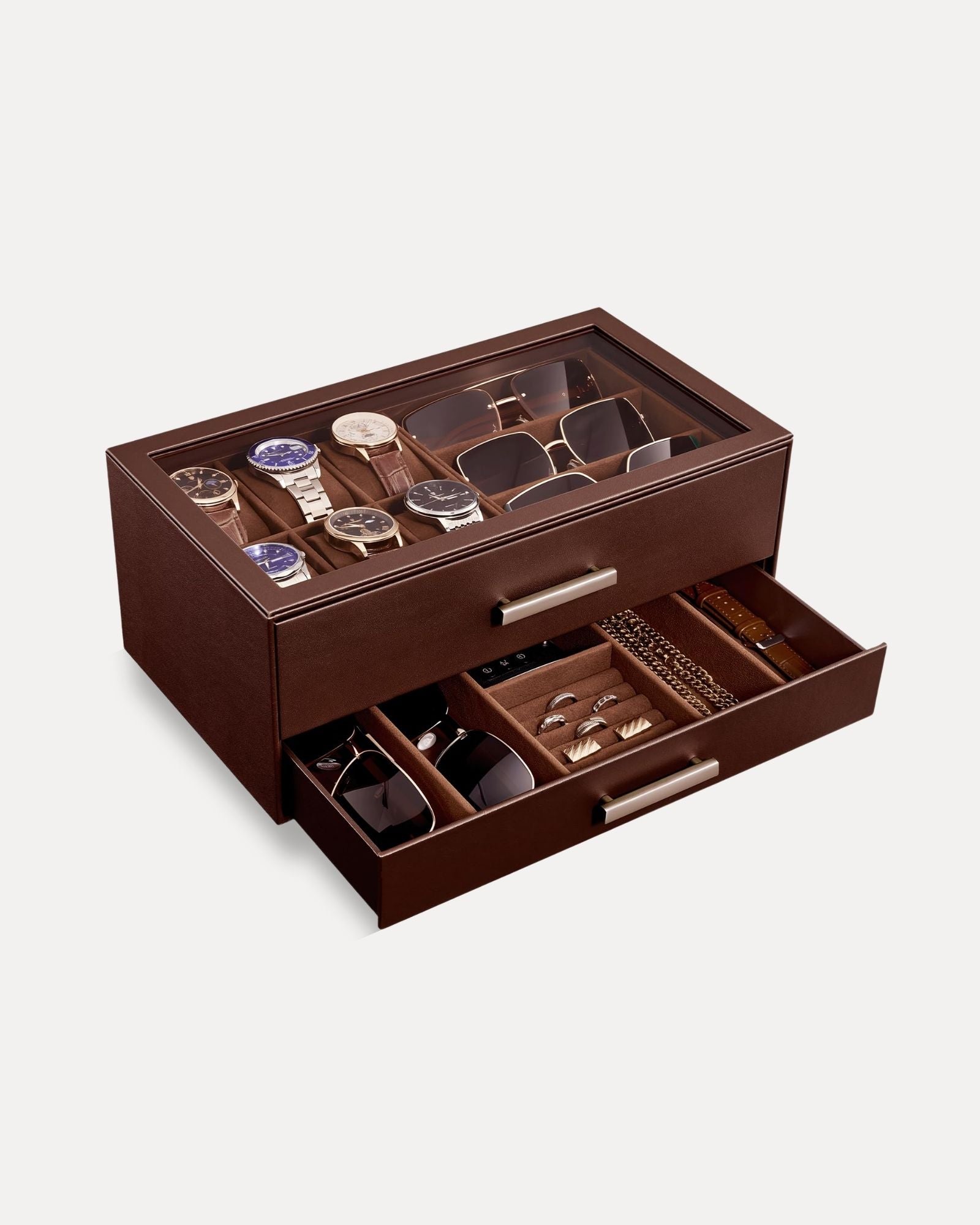 Lolalet Watch Box Uhrenbox Braun 2-stufig Glasdeckel 6 Uhren