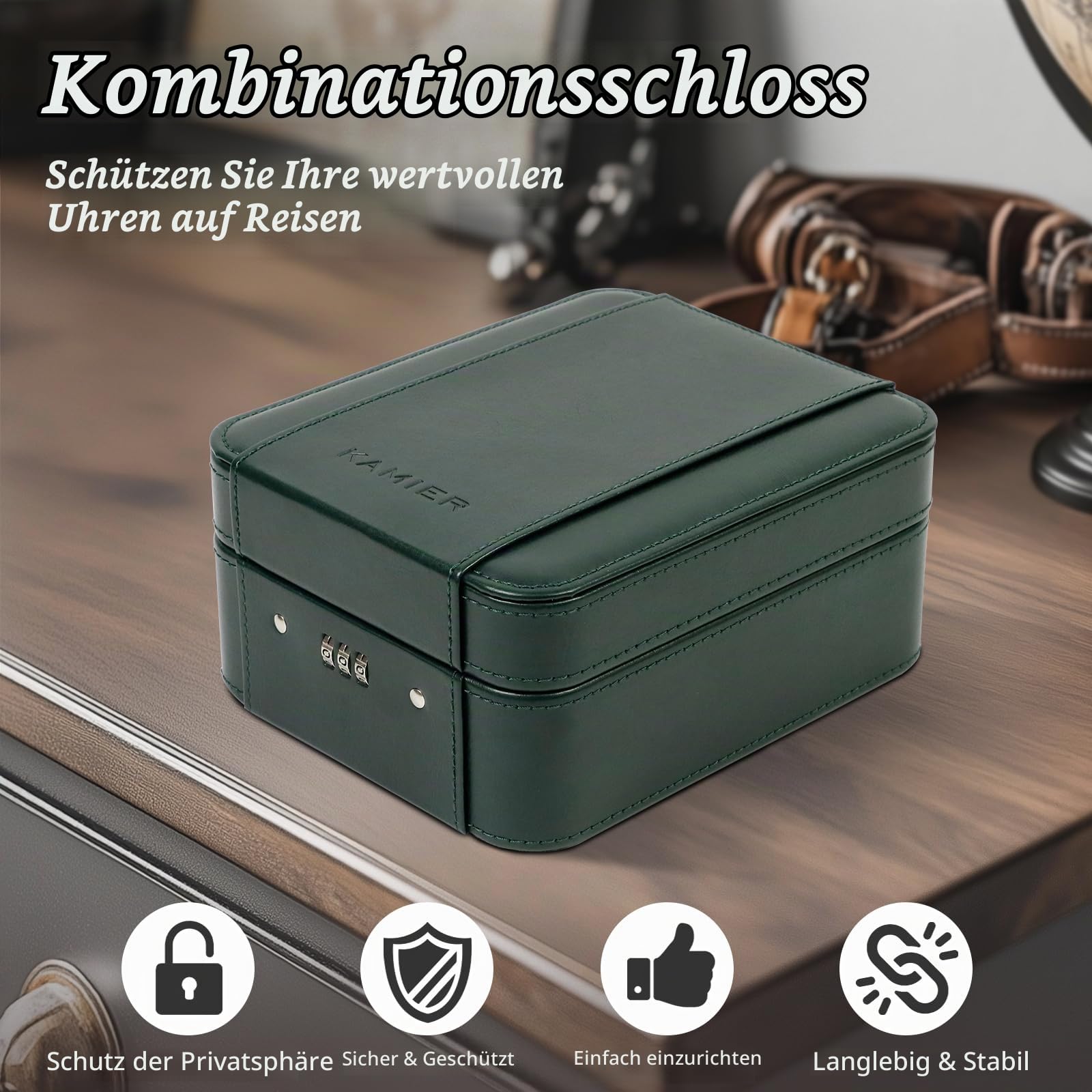 KAMIER Watch Boxes Uhrenbox 4 Uhren Grün Zahlenschloss
