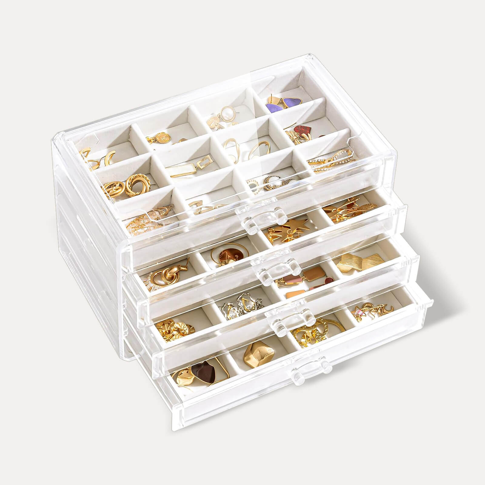 Lolalet Jewelry Box Acryl Schmuckkasten Warmweiß 4 Ebenen Samt