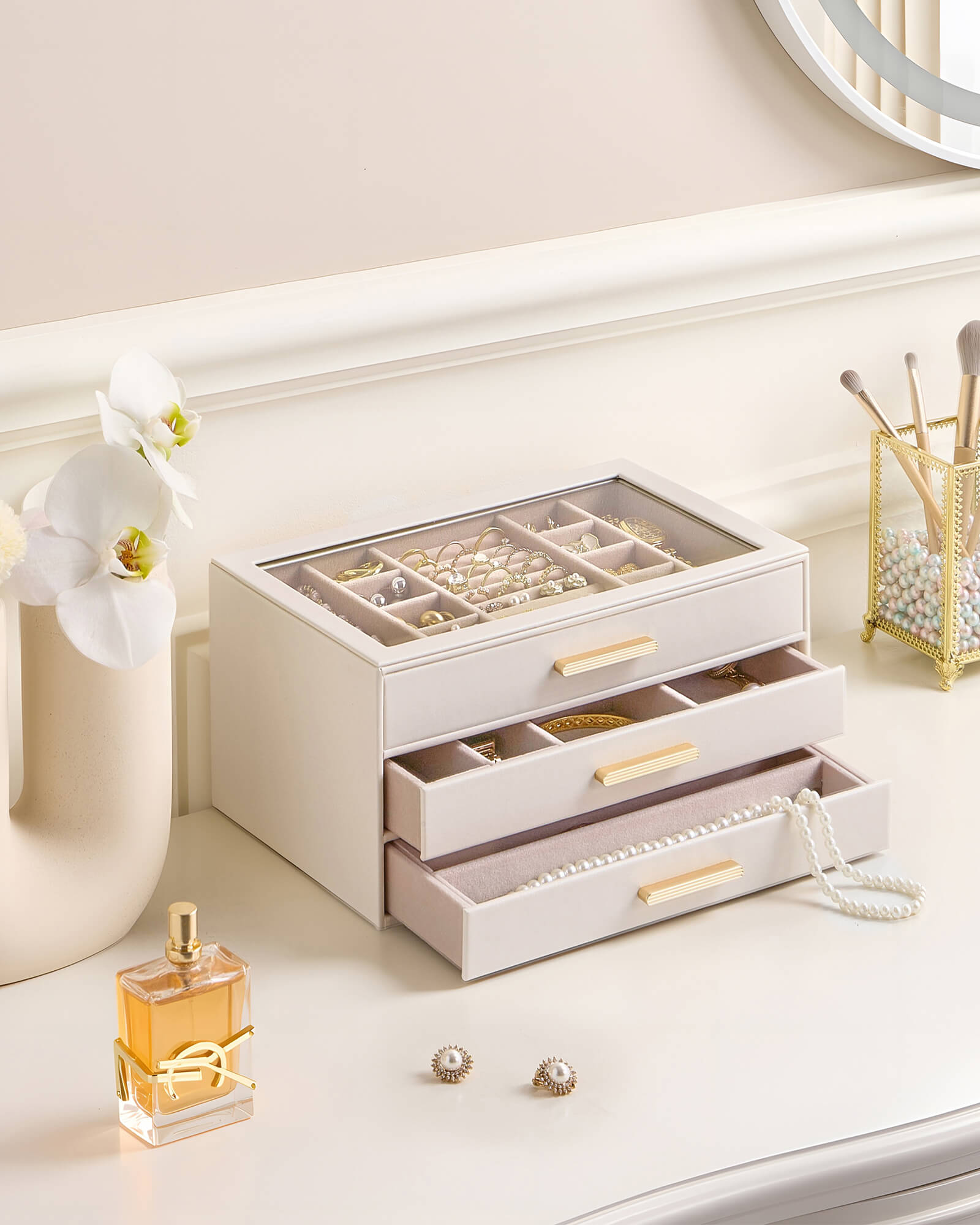 Lolalet Jewelry Box Schmuckkästchen Beige 5-lagig Glasdeckel