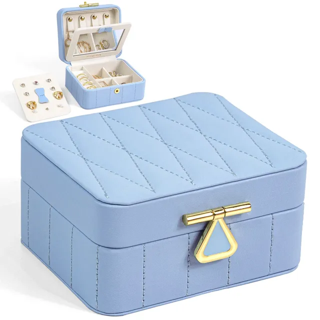 KAMIER Mini Schmuckkästchen Reise Schmuckbox Blau mit Spiegel