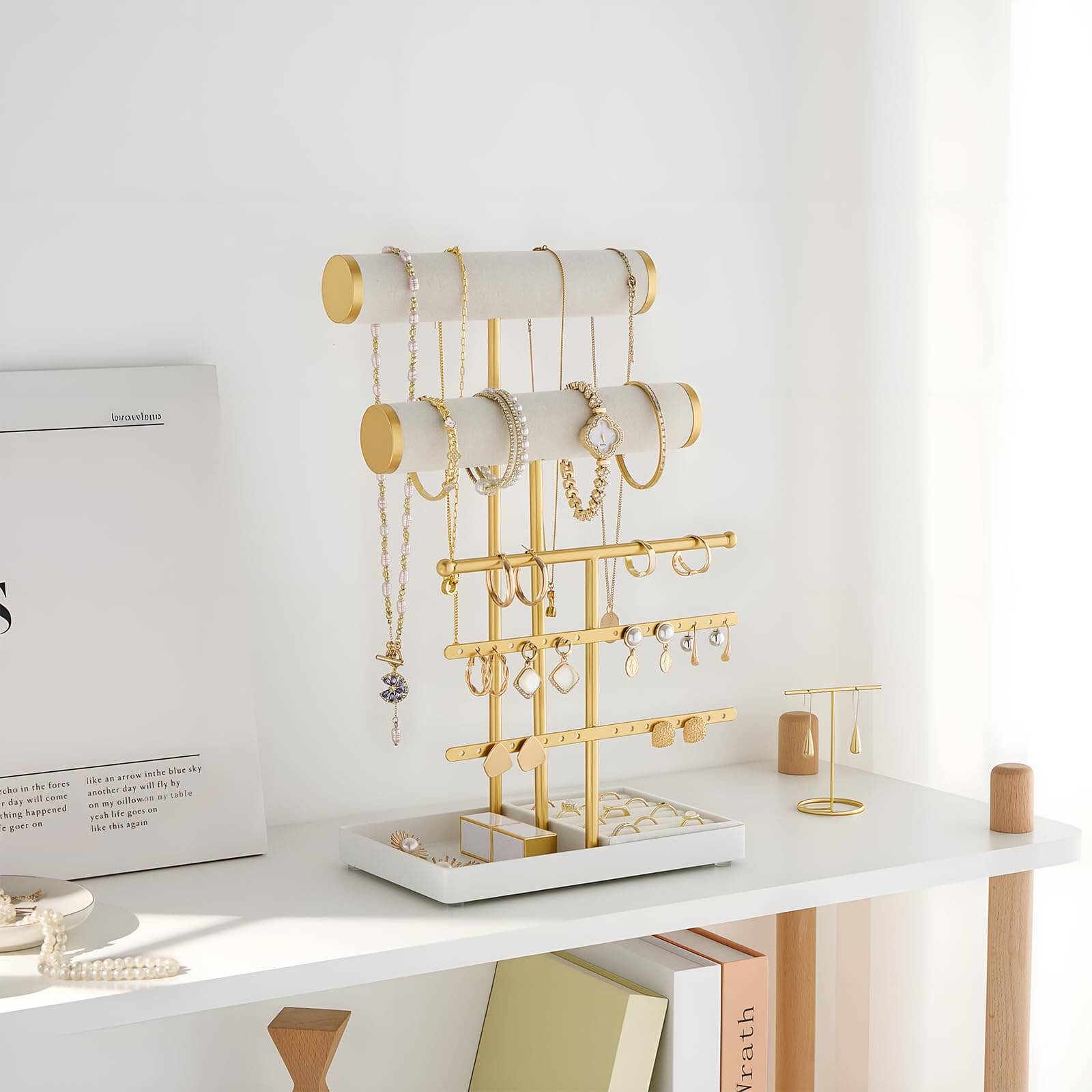 Lolalet Jewelry Stand Schmuckständer 5 Ebenen Weiß Samt
