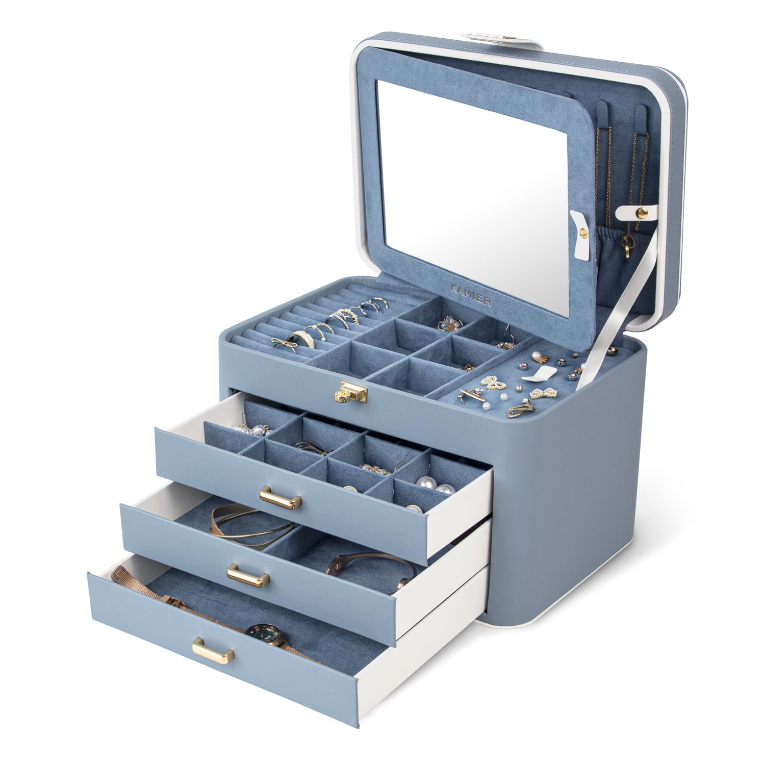 KAMIER Large Jewelry Boxes Schmuckkästchen Beige 4 Ebenen mit Spiegel