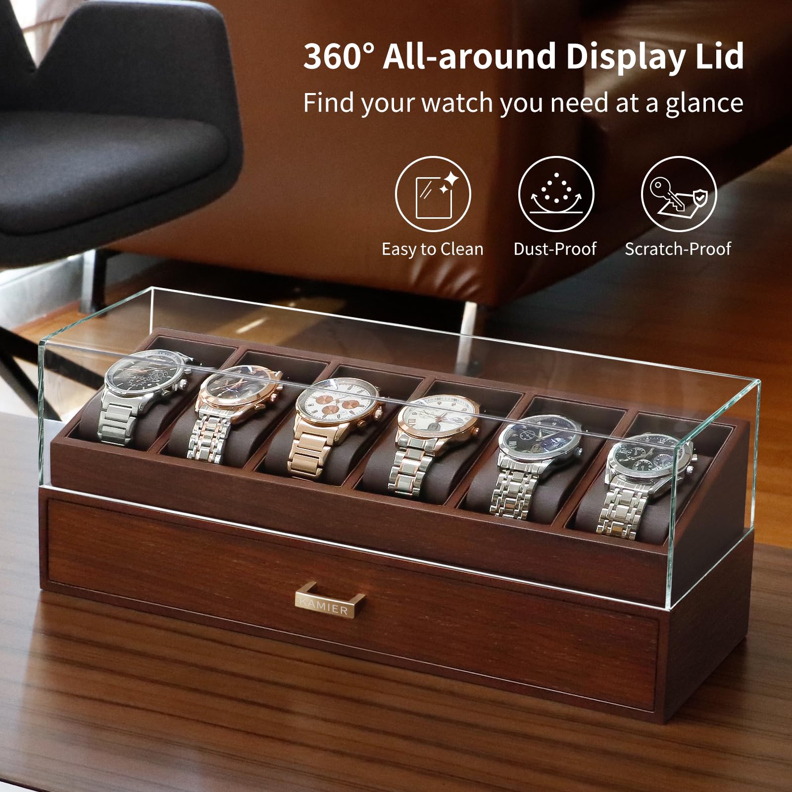 KAMIER Watch Boxes Uhrenbox Holz 6 Uhren mit Schublade Walnuss