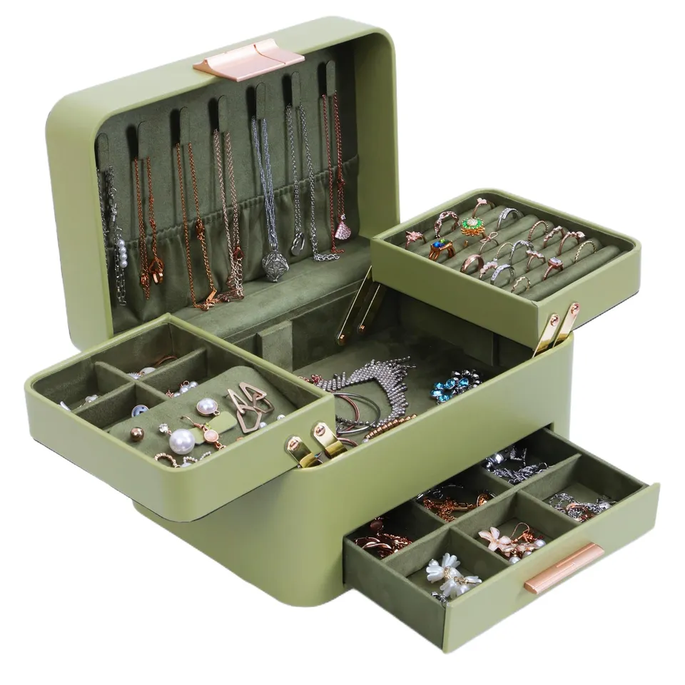 KAMIER Large Jewelry Boxes Schmuckkästchen 3 Ebenen PU-Leder