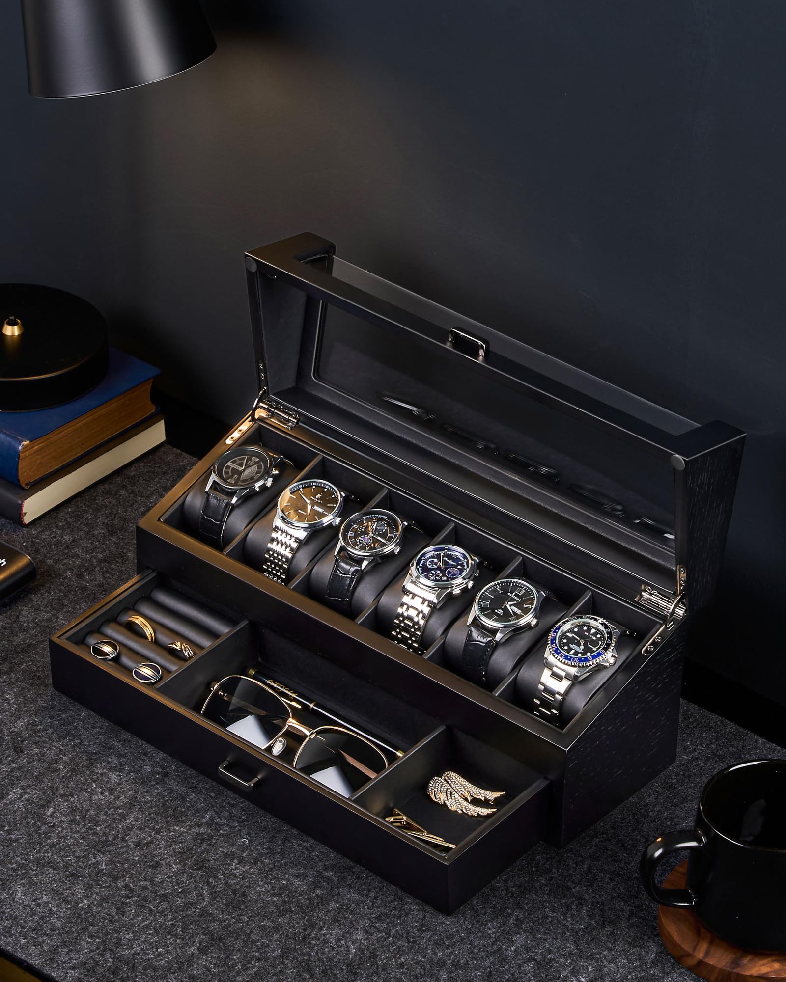 Lolalet Watch Box Uhrenbox Holz schwarz 6 Fächer mit Glas
