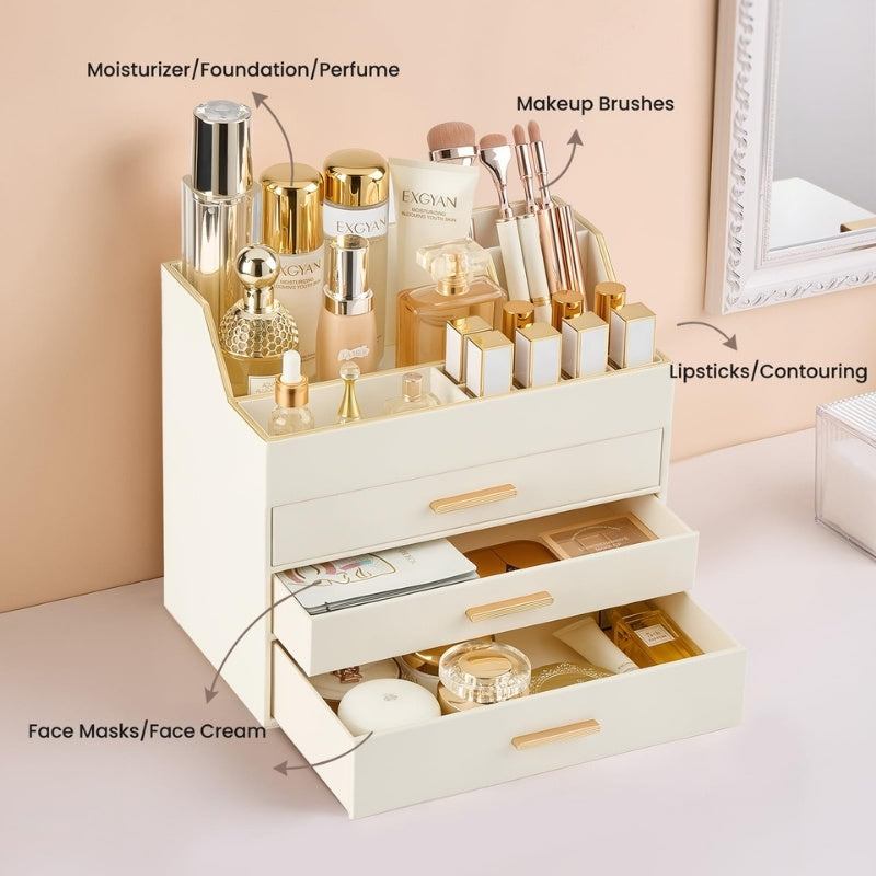 Lolalet Makeup Organizer Schminktisch 2 Schubladen Leder Gold