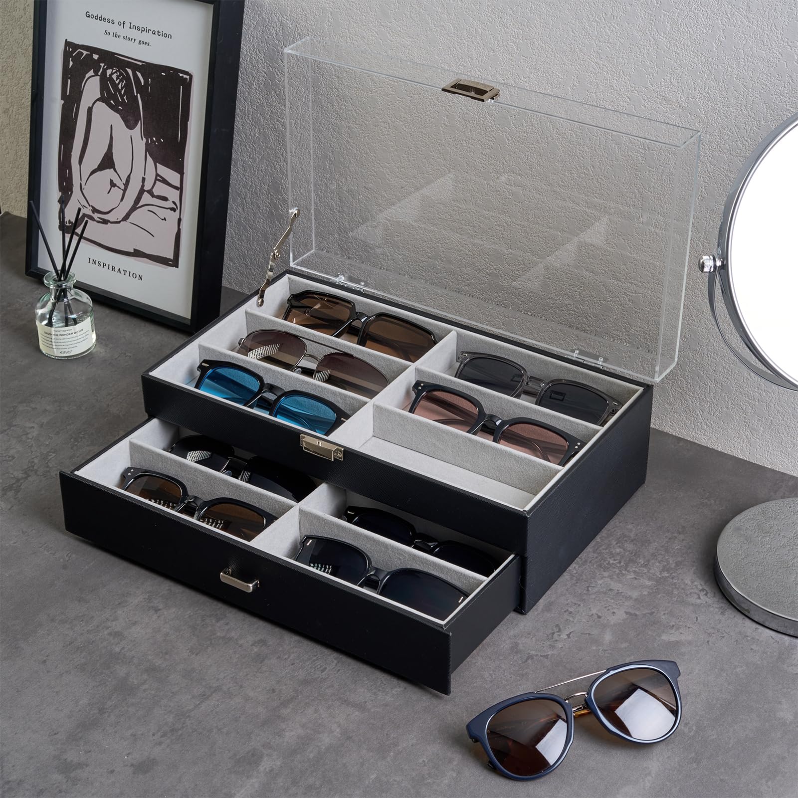 Lolalet Sunglass Box Brillenbox Schwarz 12 Fächer Acryldeckel