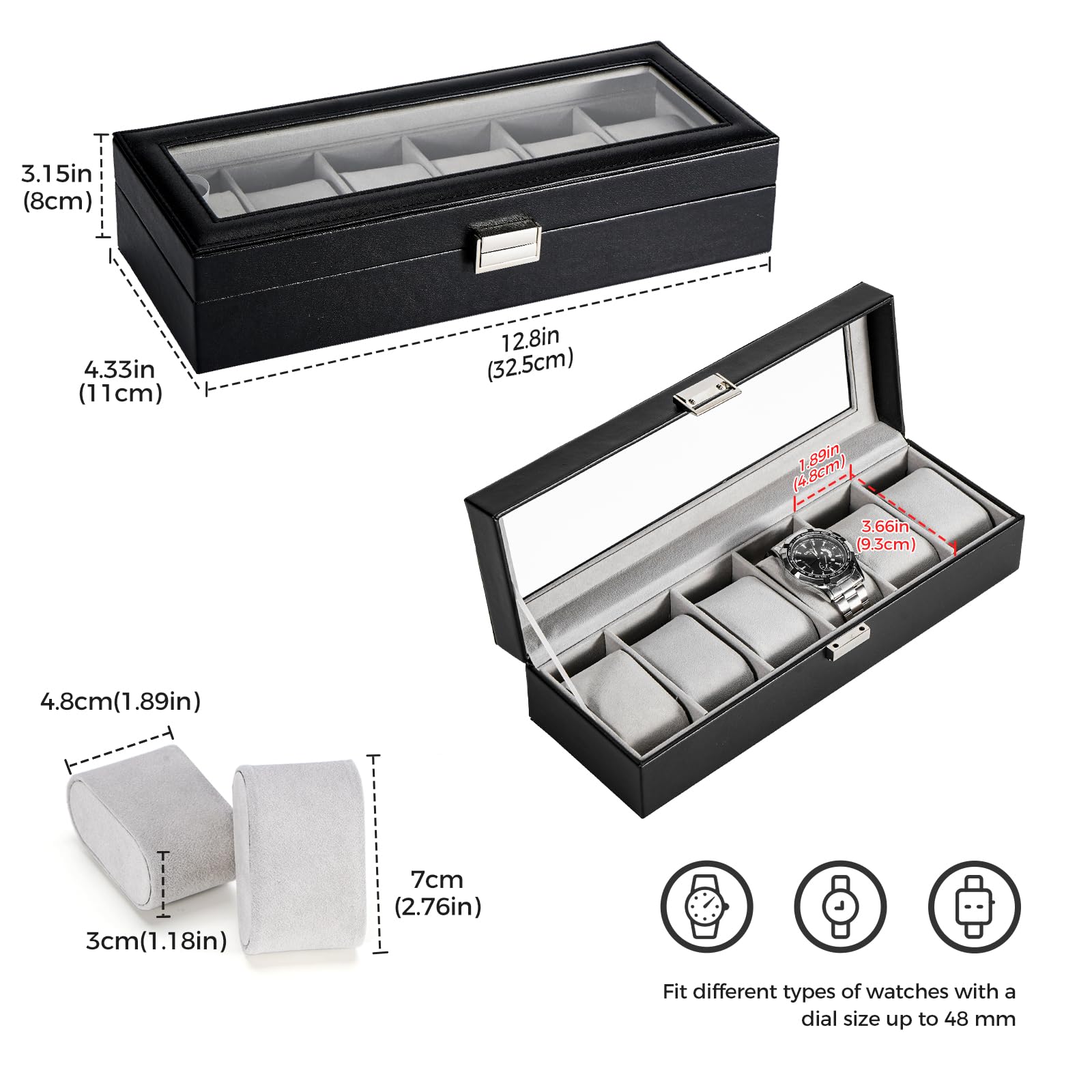 Lolalet Watch Box Uhrenbox 6 Fächer Schwarz Glasdeckel PU