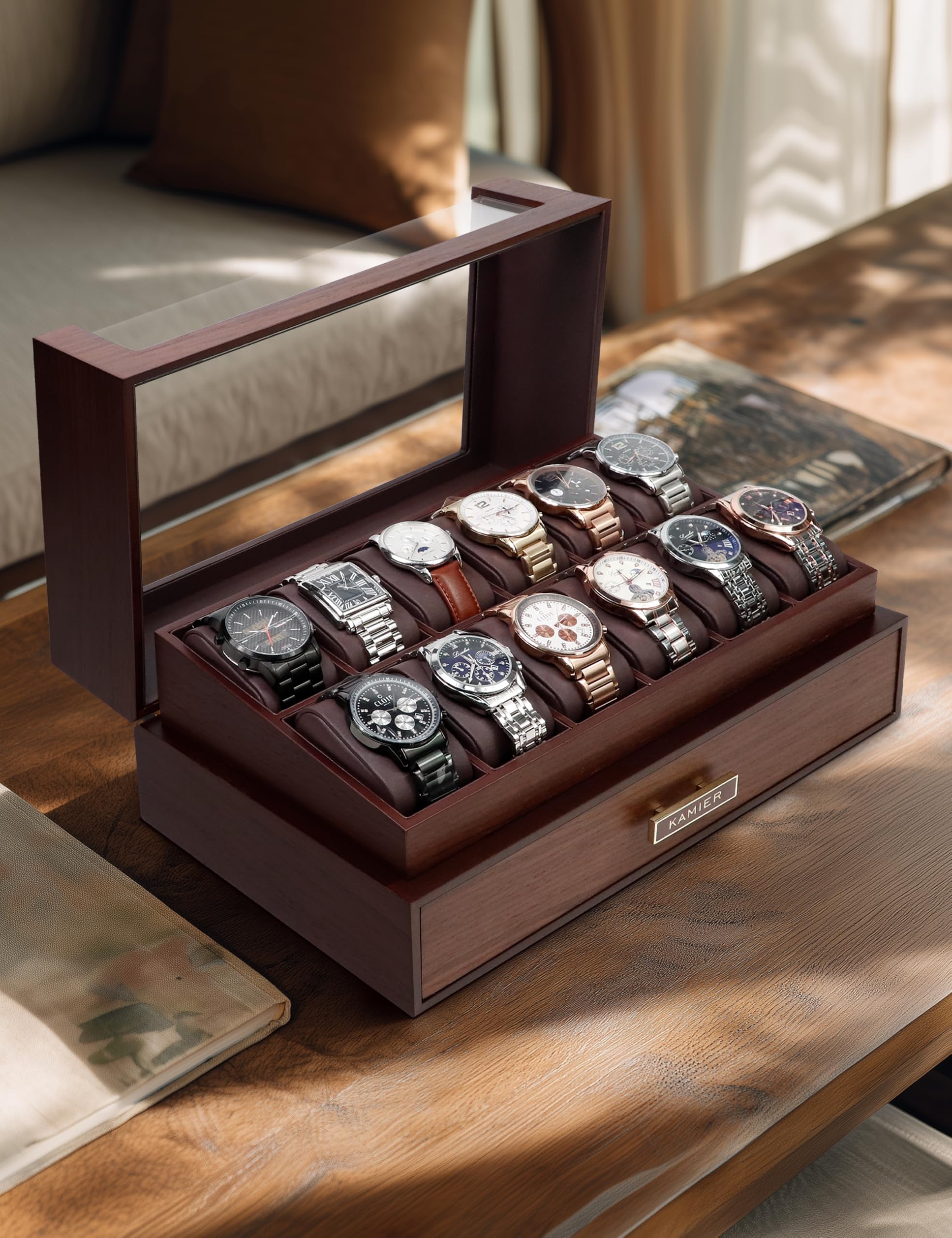 KAMIER Watch Boxes Uhrenbox 12 Fächer Walnuss Holz