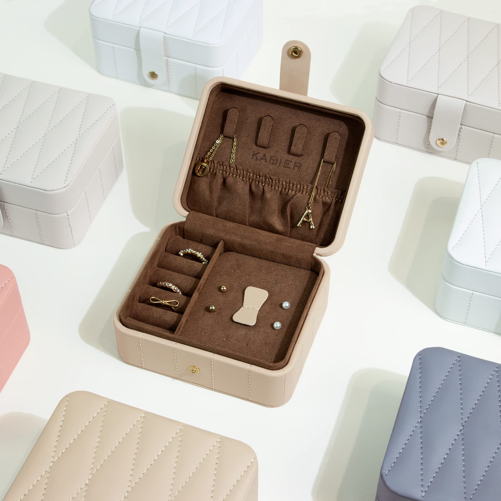 KAMIER Mini Schmuckkästchen Reise Schmuckbox Beige Leder