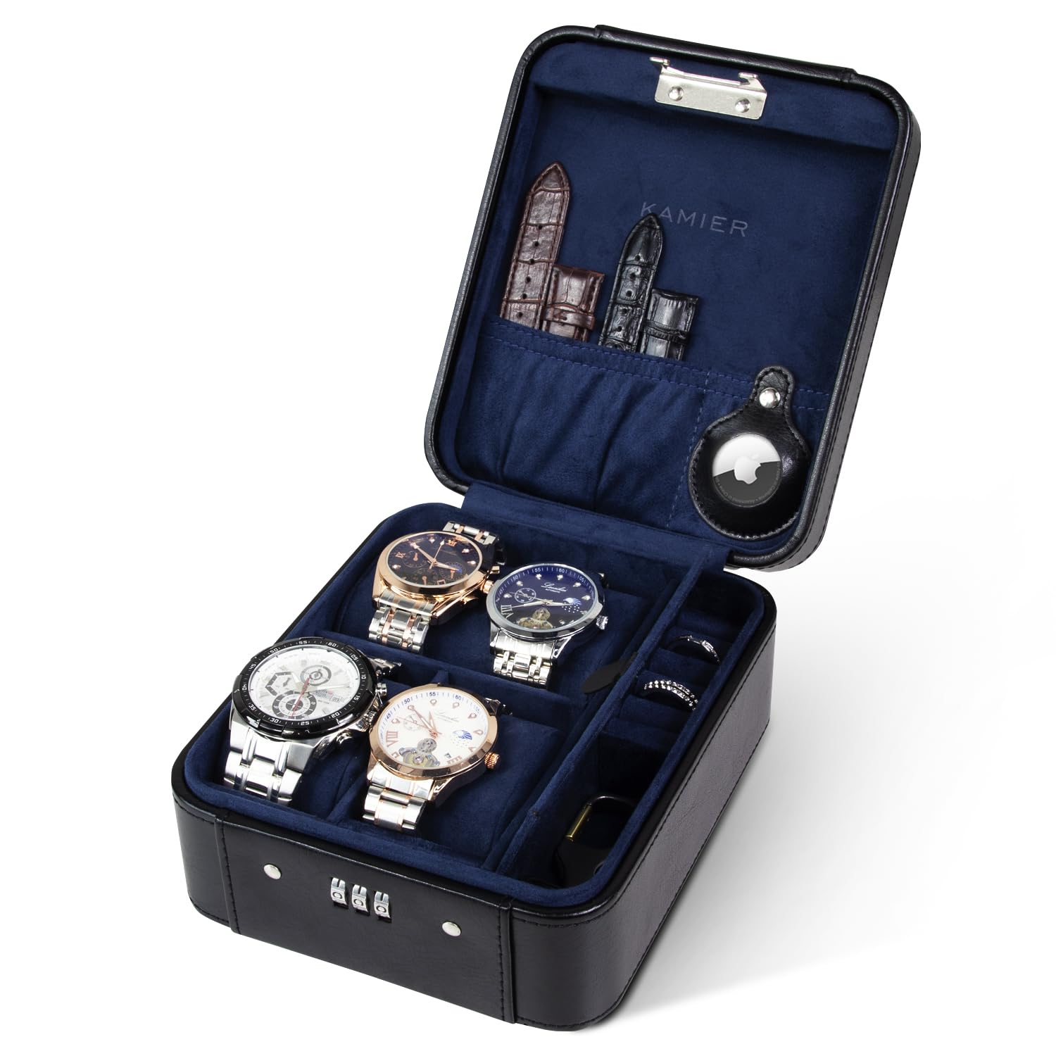 KAMIER Watch Boxes Uhrenbox 4 Uhren Zahlenschloss Leder