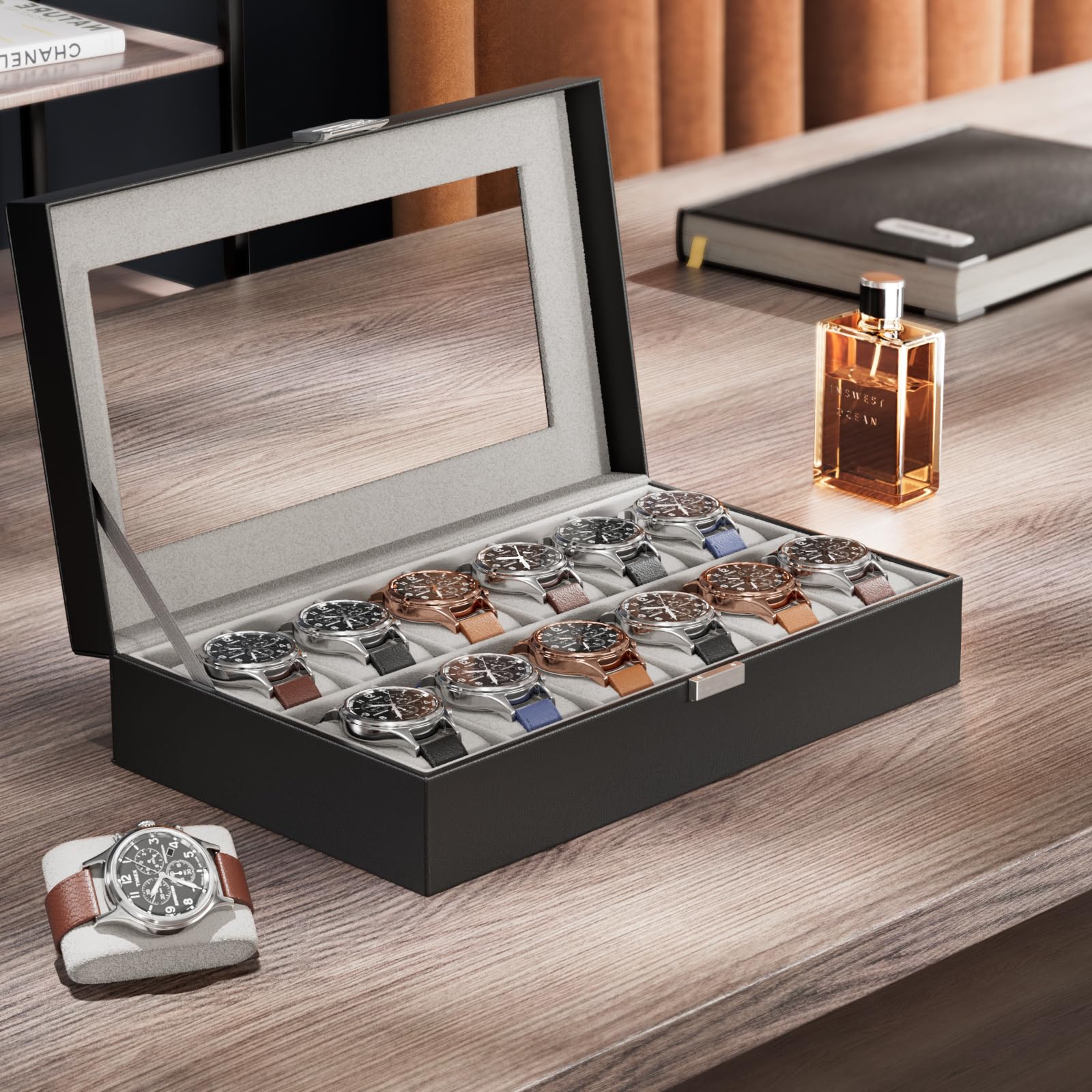 Lolalet Watch Box Uhrenbox Schwarz 12 Fächer Glasdeckel