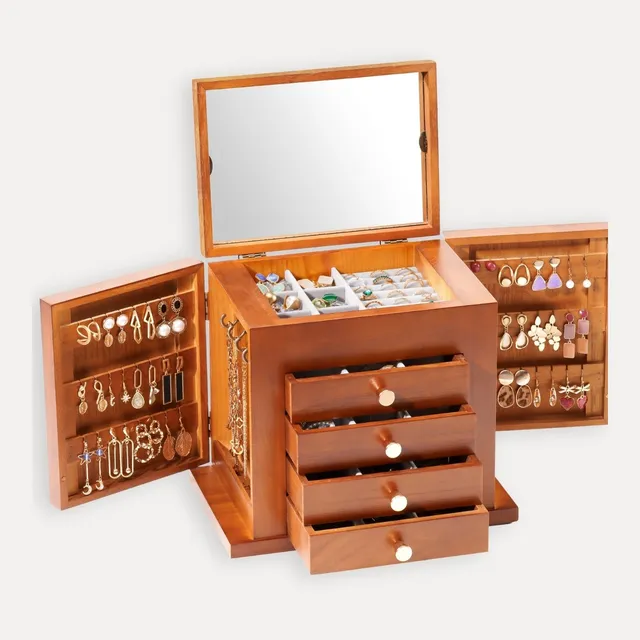 Lolalet Jewelry Box Holz Schmuckkästchen Spiegel Braun Groß