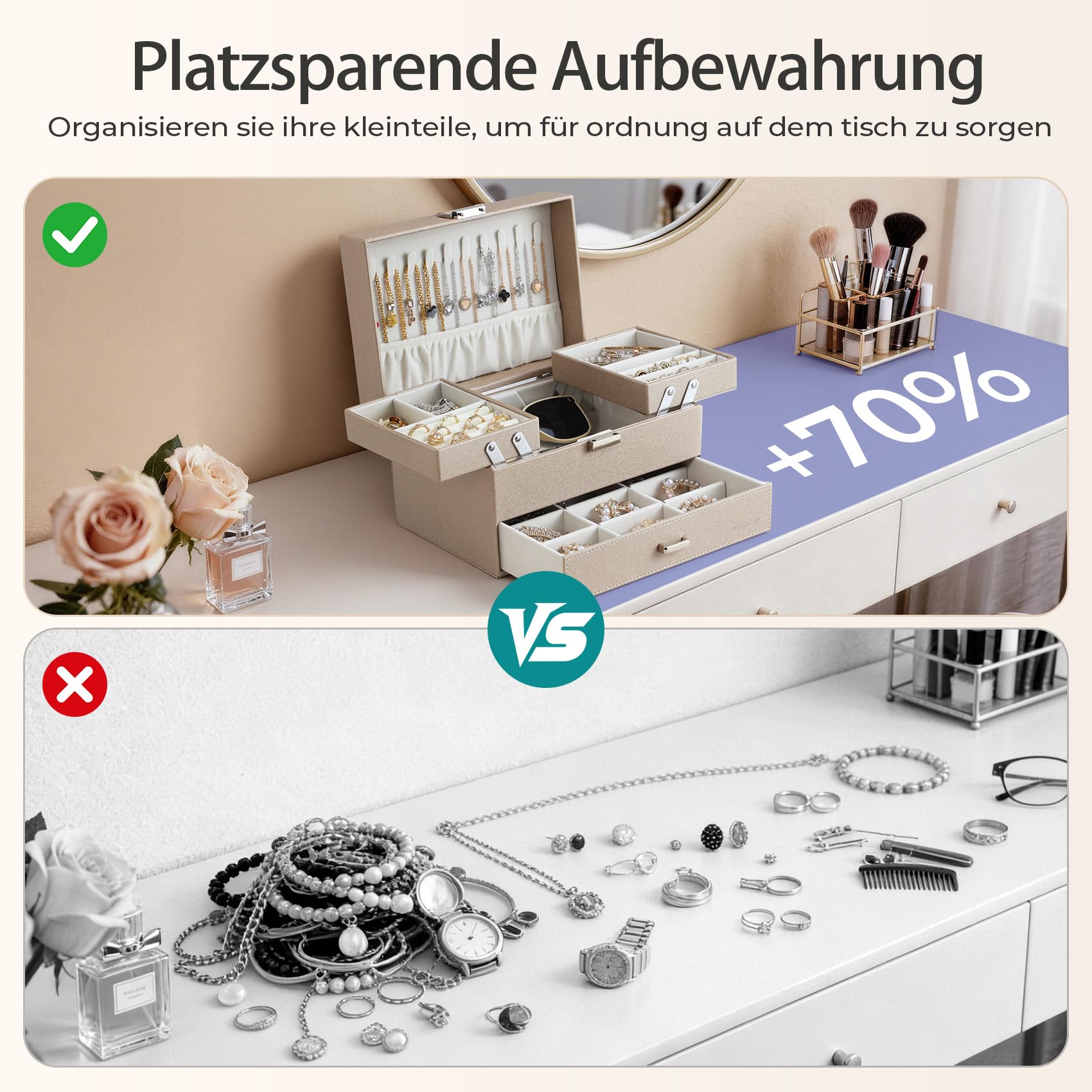 Dajasan Large Jewelry Box Schmuckkästchen Champagner 3 Ebenen