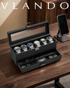 VLANDO Quiet Luxe Uhrenbox 6 Fächer Glasdeckel Abschließbar