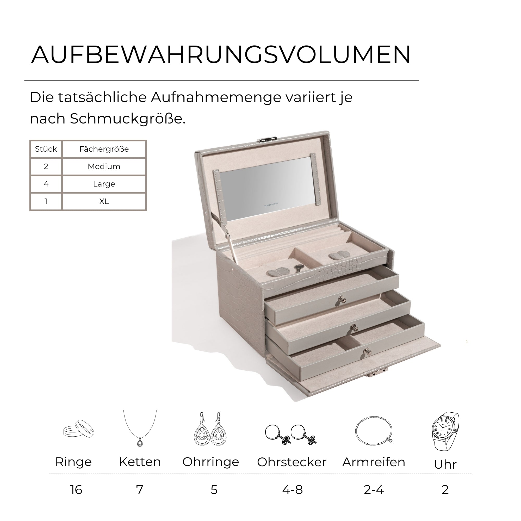 Friedrich 23 Caiman Schmuckkasten Kroko-Optik Weiß mit Spiegel