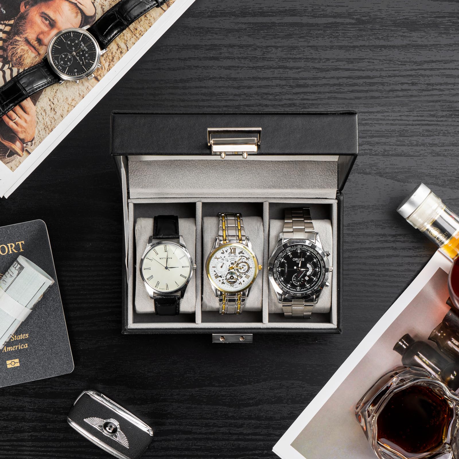 Lolalet Watch Box Uhrenbox Schwarz PU Glasdeckel Kissen