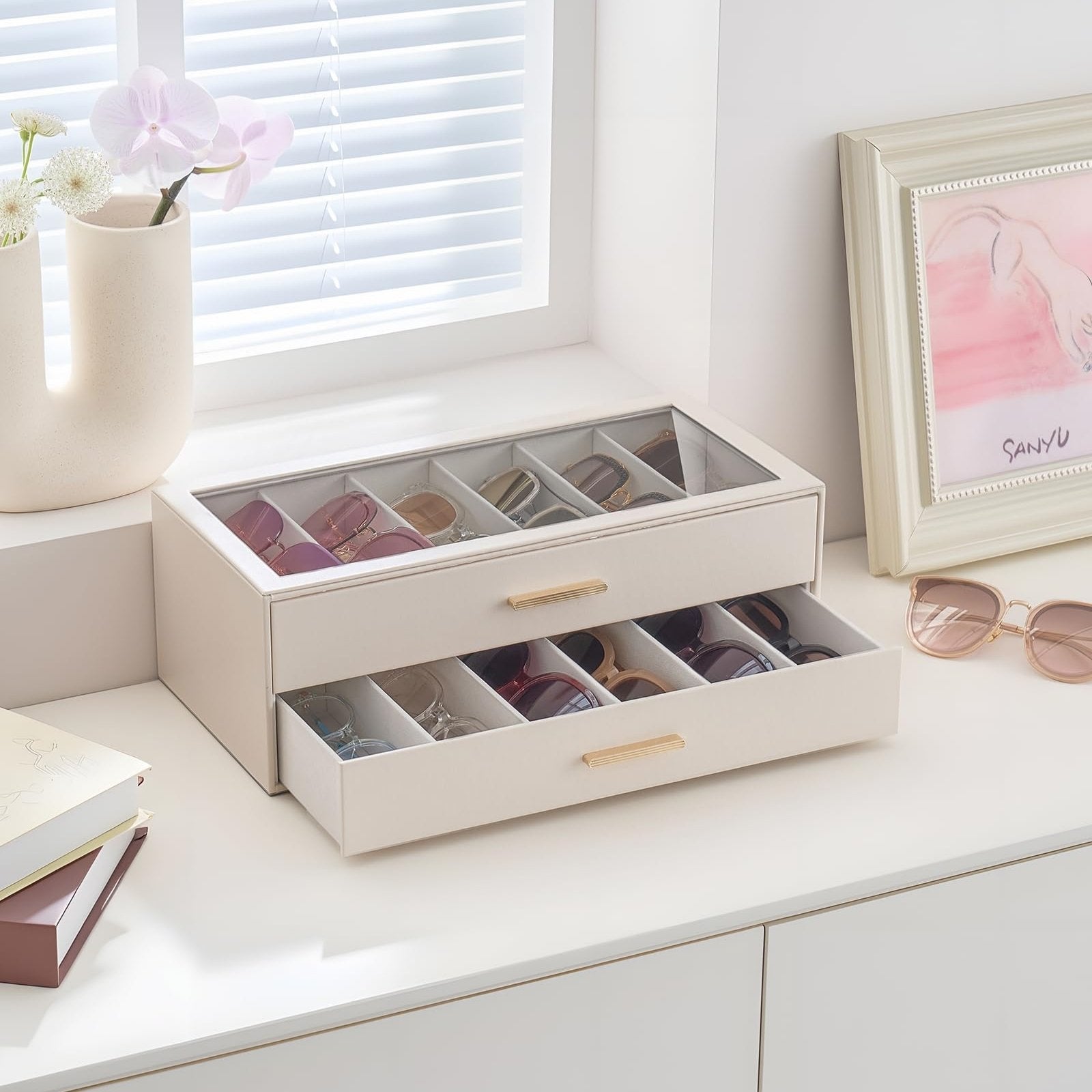 Lolalet Sunglass Box Brillenbox Beige 12 Fächer Glasdeckel