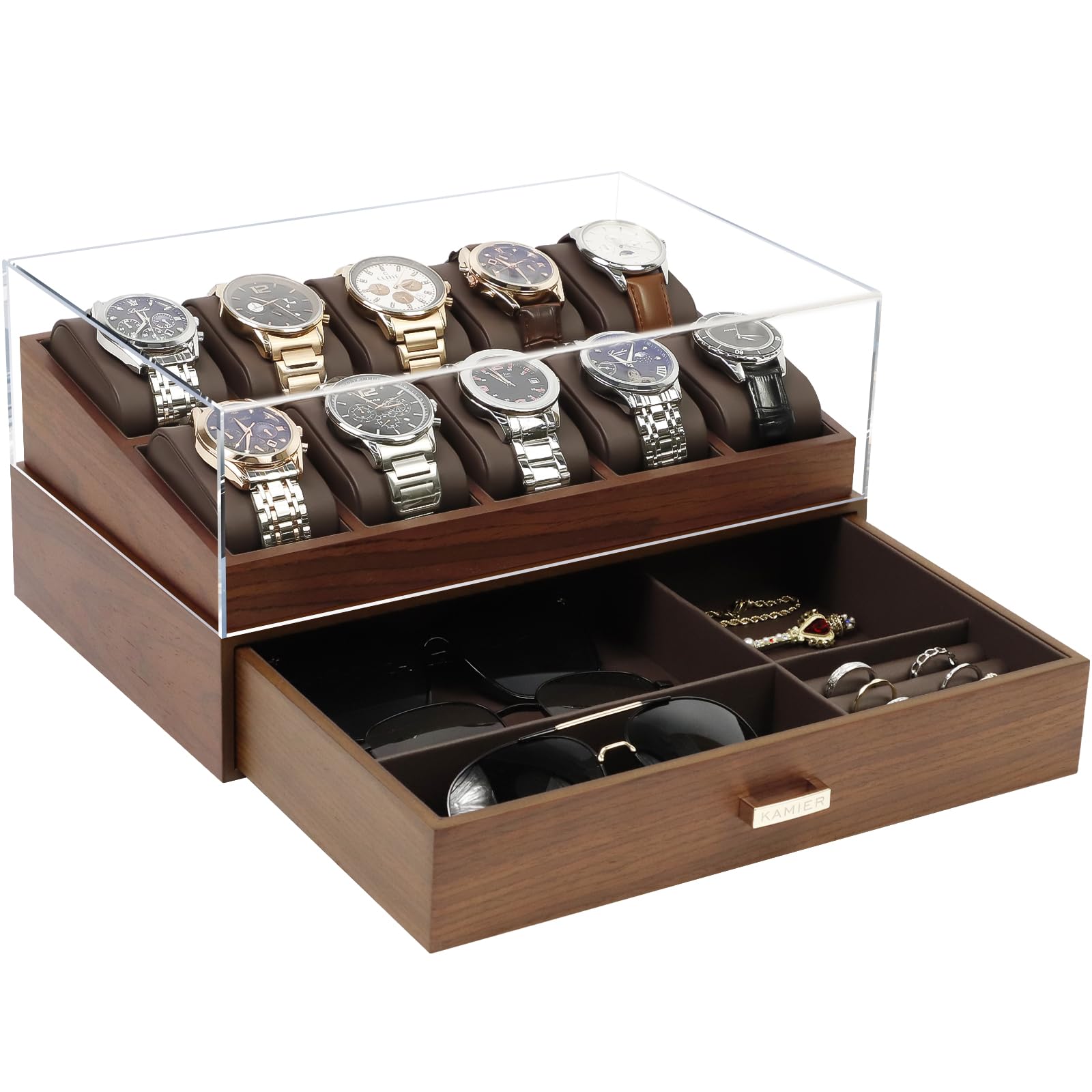 KAMIER Watch Boxes Uhrenbox Holz 6 Uhren mit Schublade Walnuss