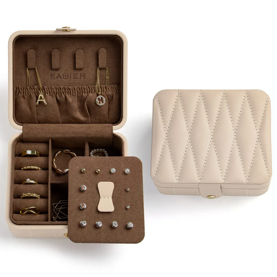 KAMIER Mini Schmuckkästchen Reise Schmuckbox Beige Leder