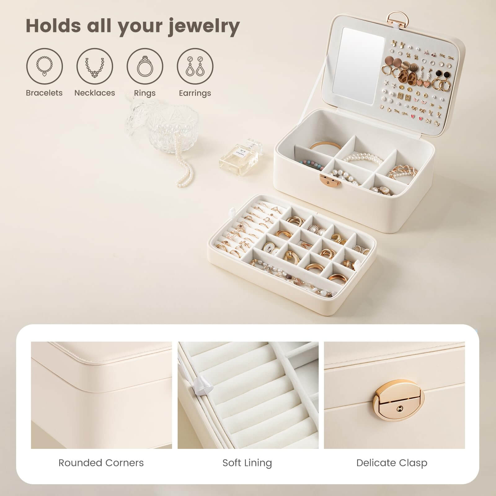 Lolalet Jewelry Box Schmuckkasten Weiß 2-lagig Spiegel