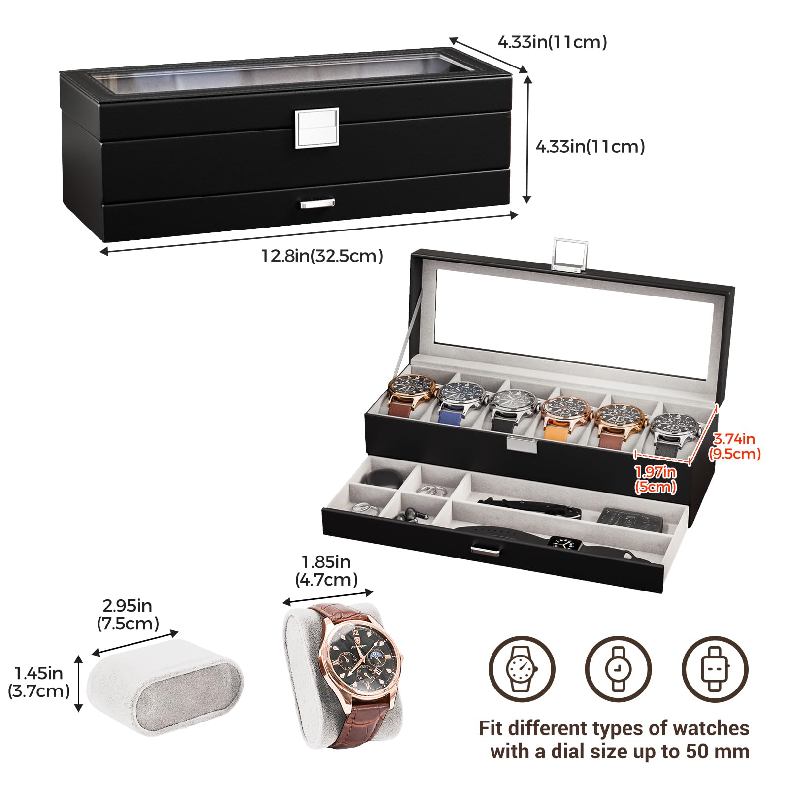 Lolalet Watch Box Uhrenbox Schwarz 6 Fächer Glasdeckel